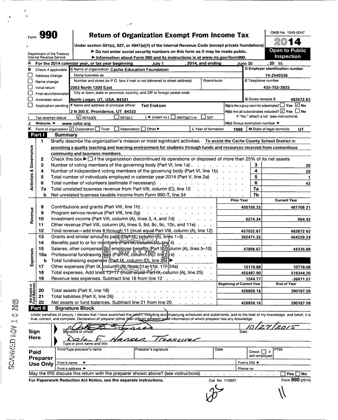 Image of first page of 2014 Form 990 for Cache Education Foundation