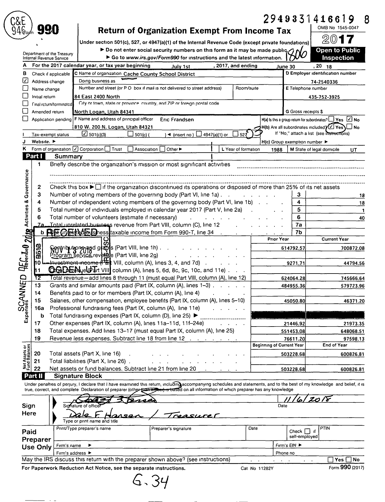Image of first page of 2017 Form 990 for Cache Education Foundation
