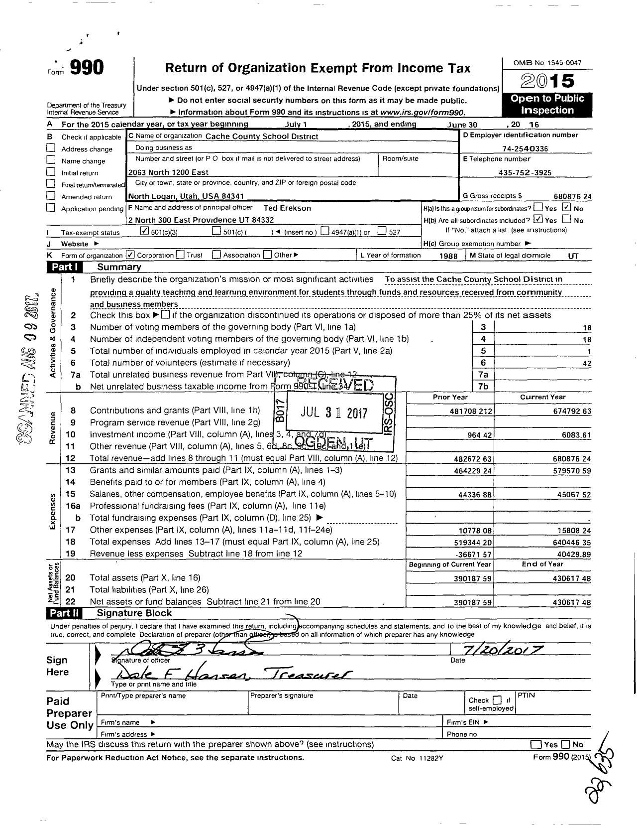 Image of first page of 2015 Form 990 for Cache Education Foundation