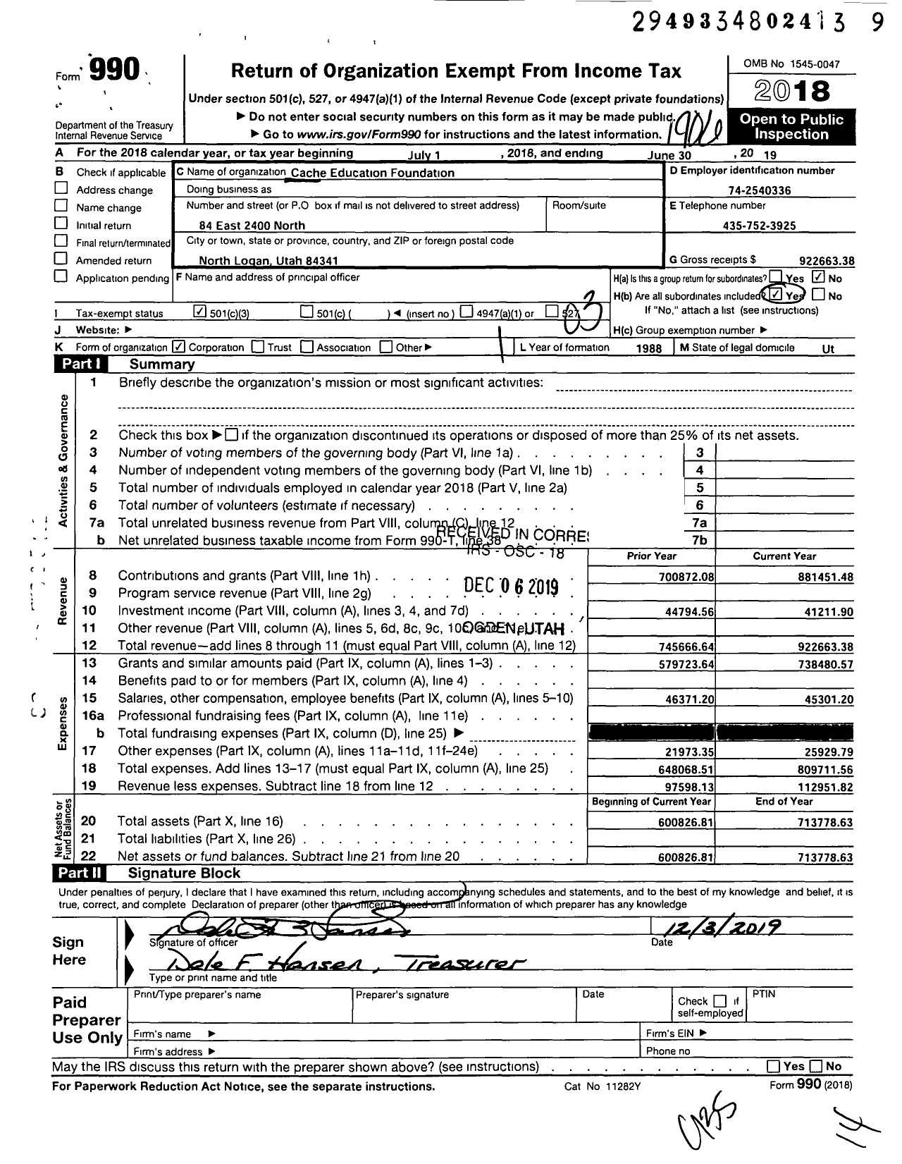 Image of first page of 2018 Form 990 for Cache Education Foundation