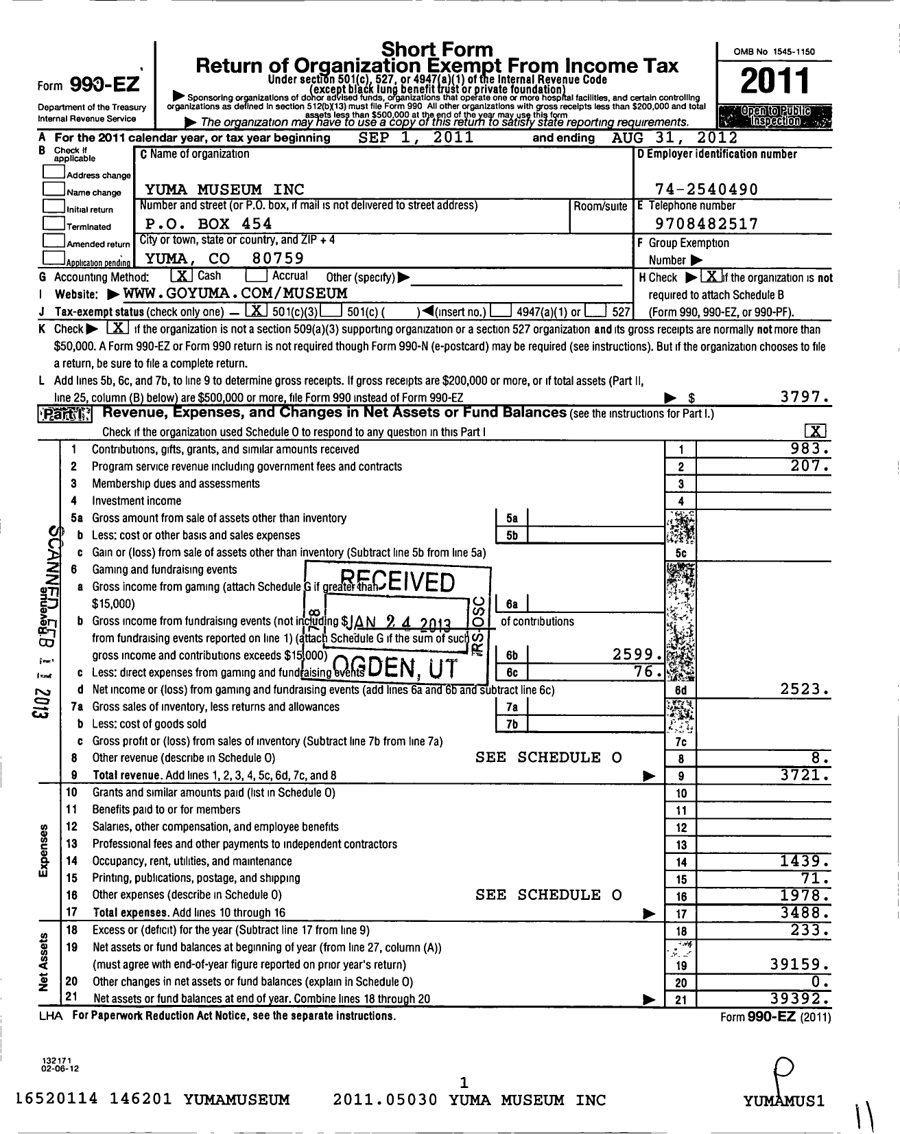 Image of first page of 2011 Form 990EZ for Yuma Museum