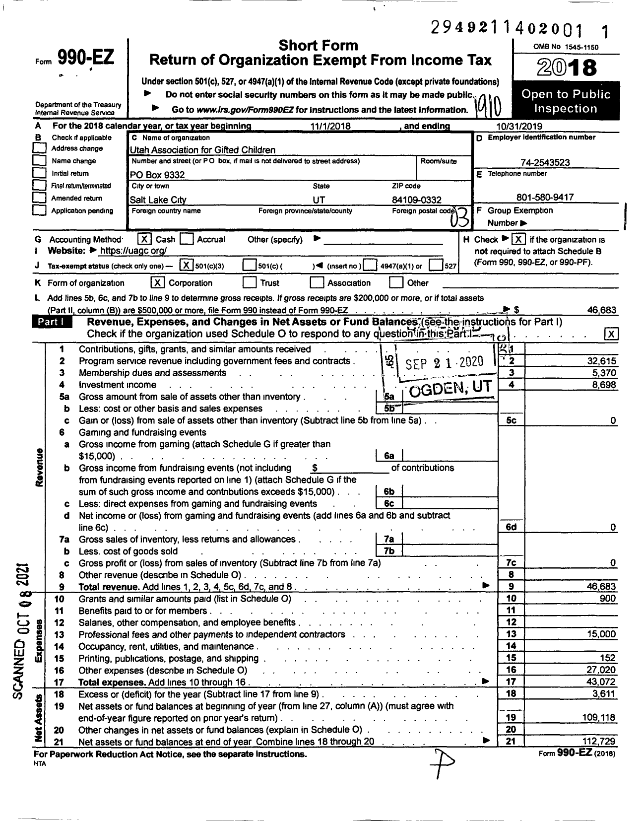 Image of first page of 2018 Form 990EZ for Utah Association for Gifted Children