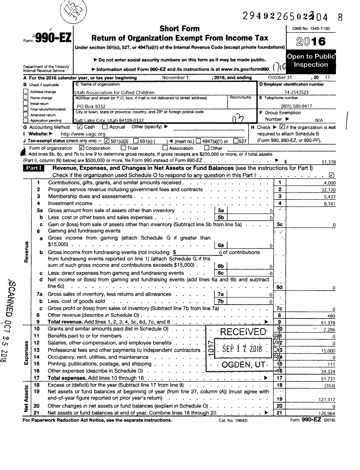 Image of first page of 2016 Form 990EZ for Utah Association for Gifted Children