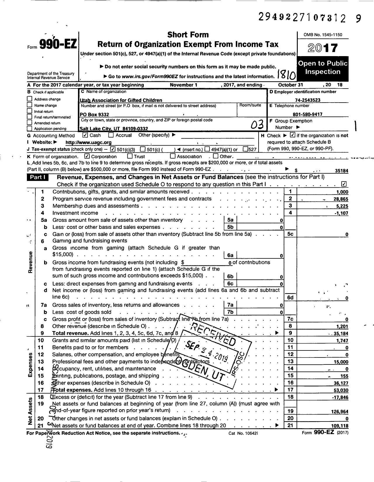 Image of first page of 2017 Form 990EZ for Utah Association for Gifted Children