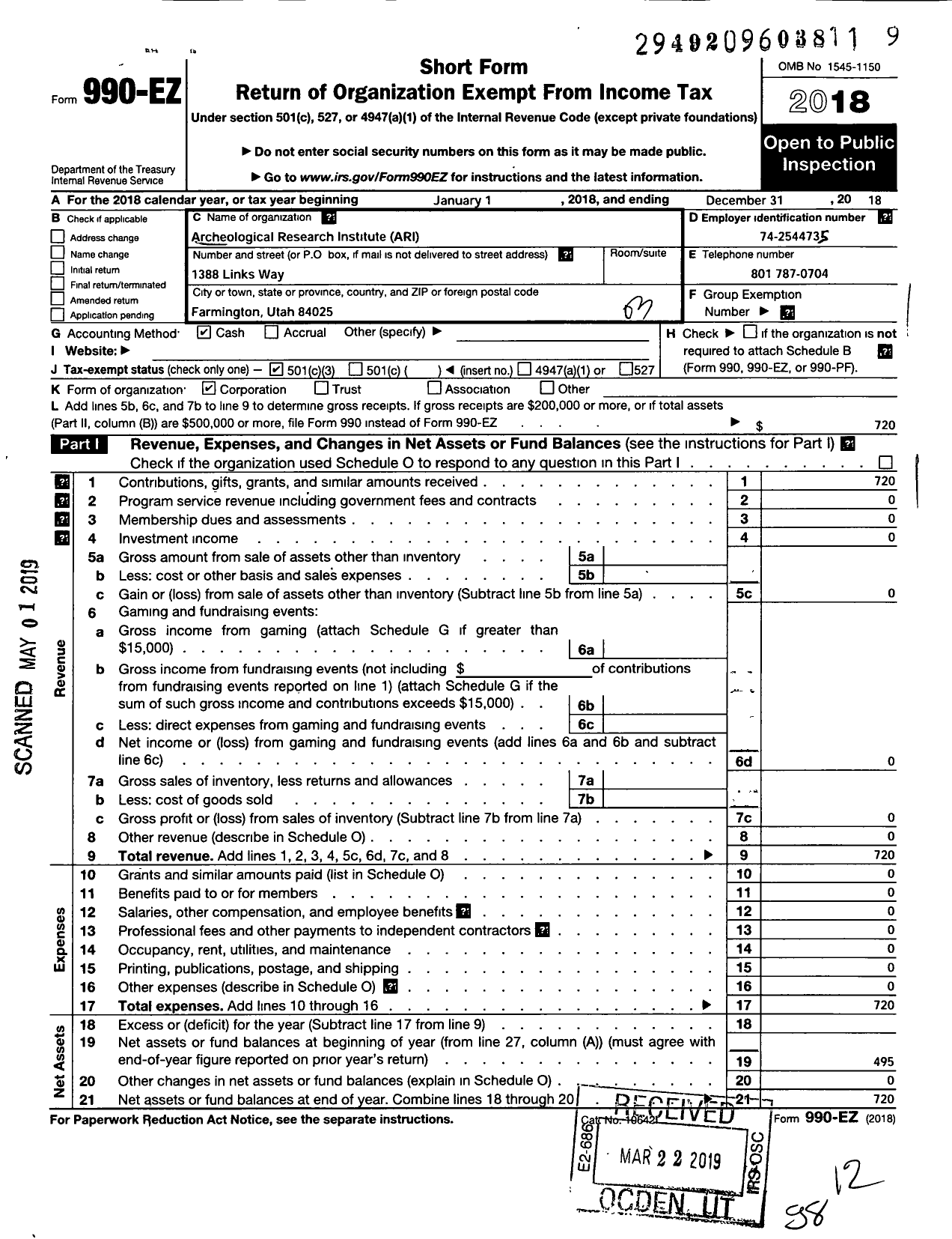 Image of first page of 2018 Form 990EZ for Archeological Research Institute