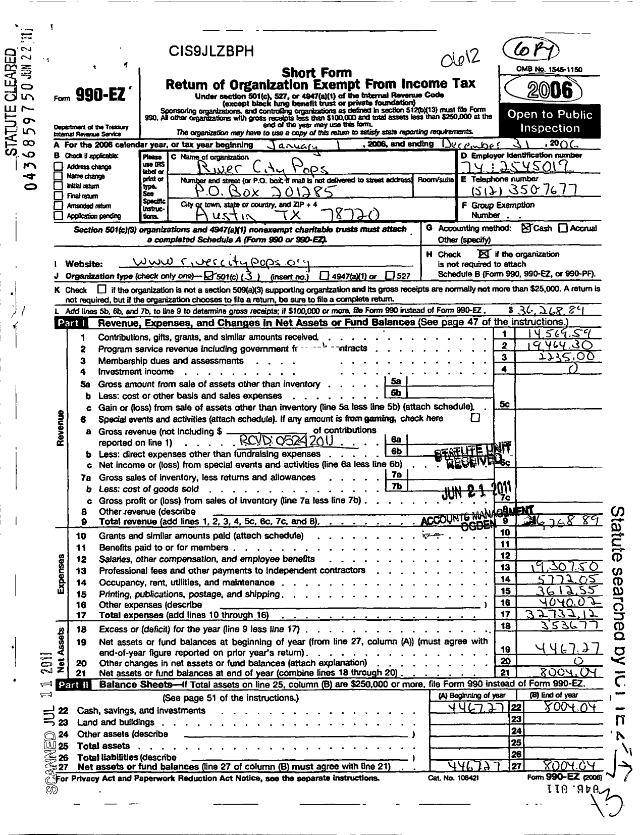 Image of first page of 2006 Form 990EZ for River City Pops