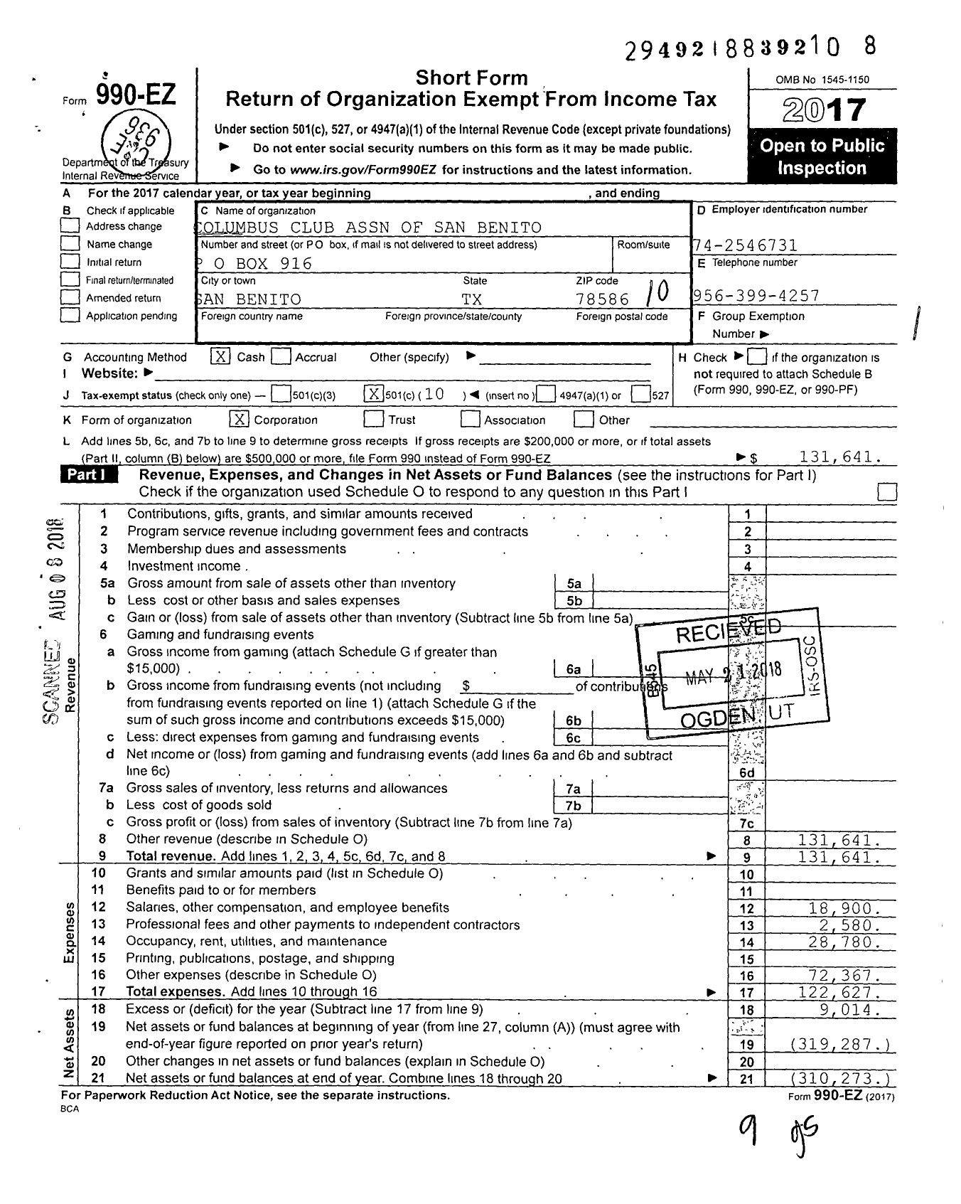 Image of first page of 2017 Form 990EO for Columbus Club Association of San Benito - 3493 William A Caldwell