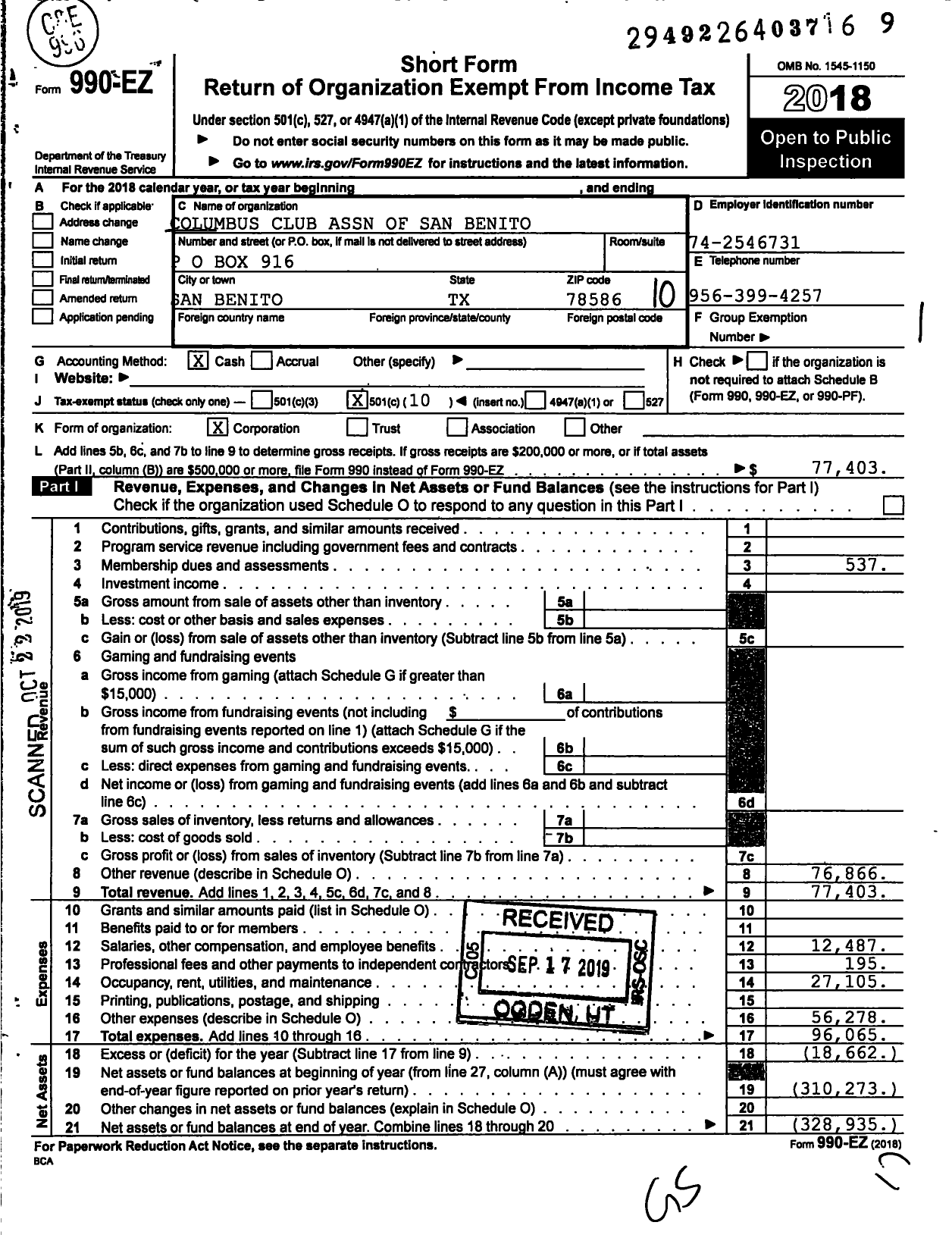 Image of first page of 2018 Form 990EO for Columbus Club Association of San Benito - 3493 William A Caldwell