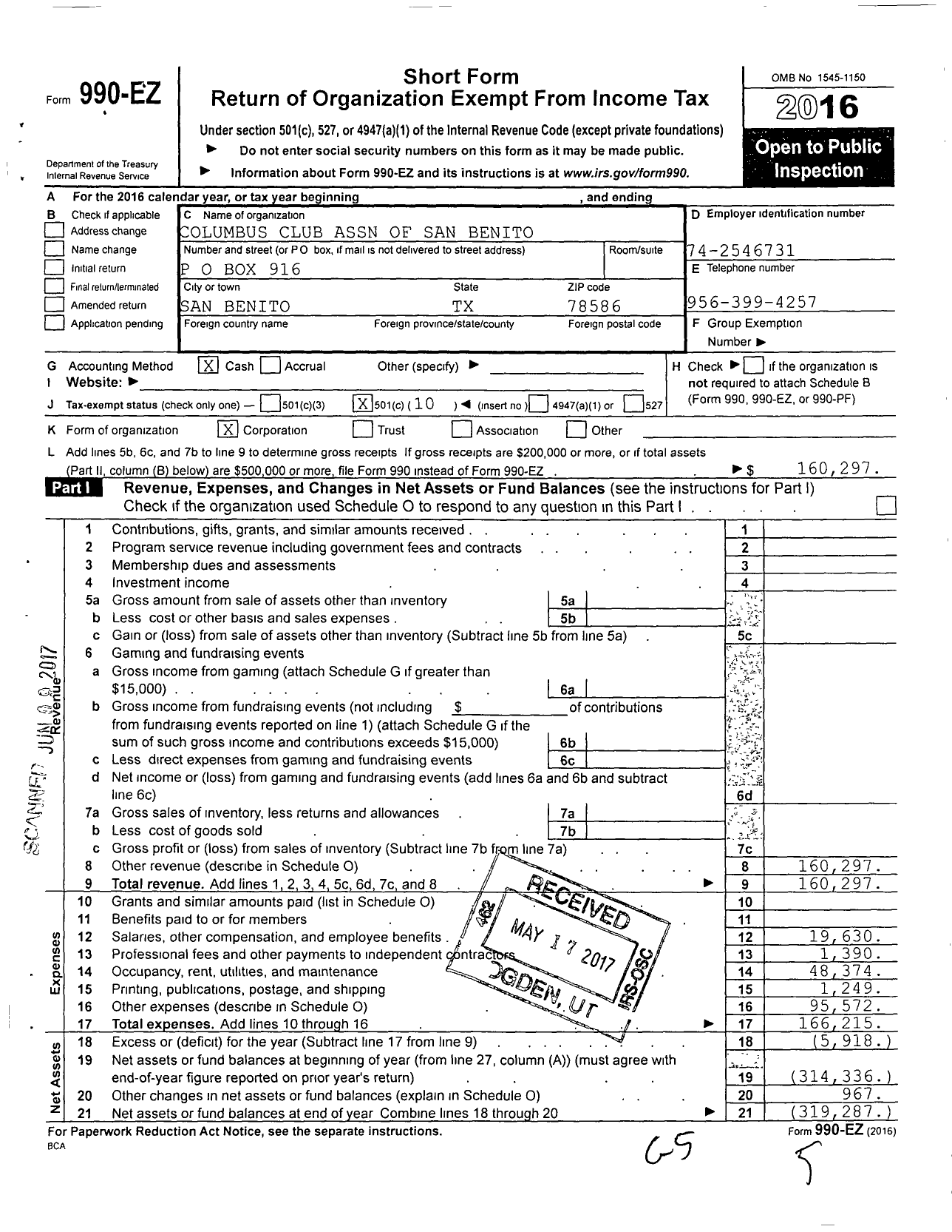 Image of first page of 2016 Form 990EO for Columbus Club Association of San Benito - 3493 William A Caldwell