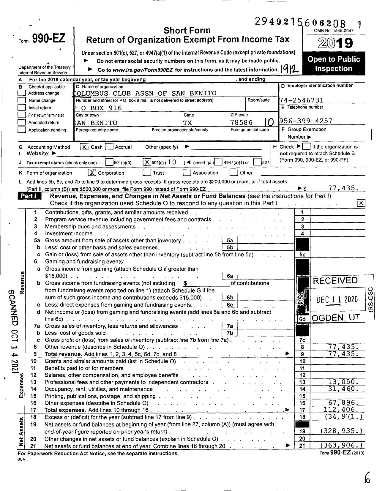 Image of first page of 2019 Form 990EO for Columbus Club Association of San Benito - 3493 William A Caldwell