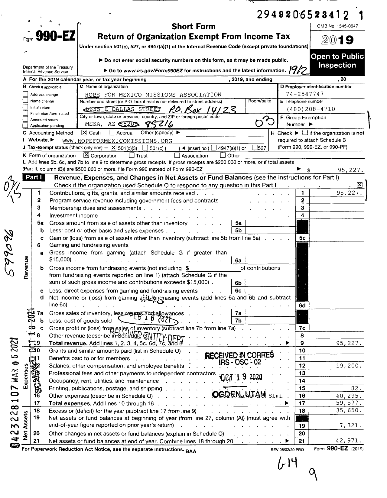 Image of first page of 2019 Form 990EZ for Hope for Mexico Missions Association