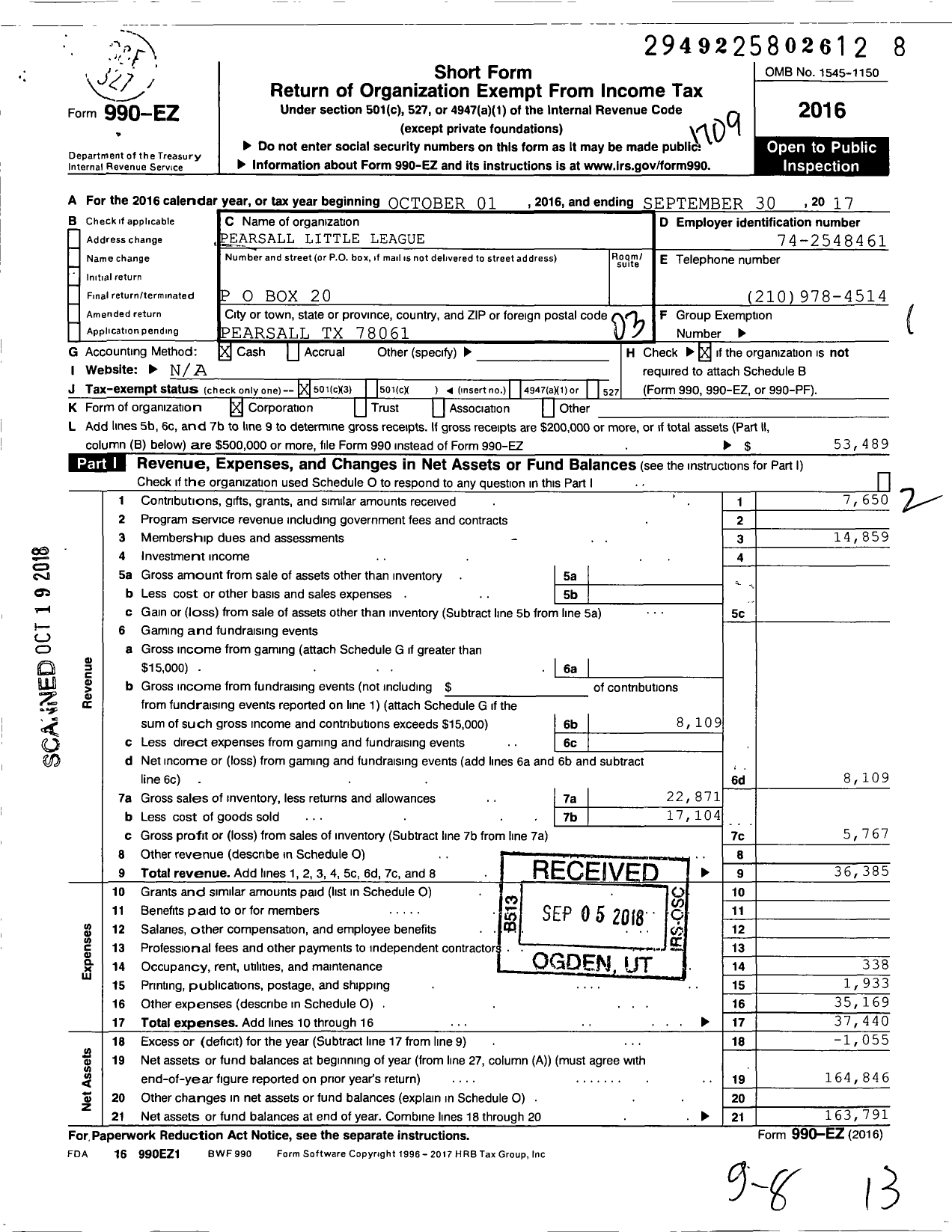 Image of first page of 2016 Form 990EZ for Little League Baseball - 3432108 Pearsall LL