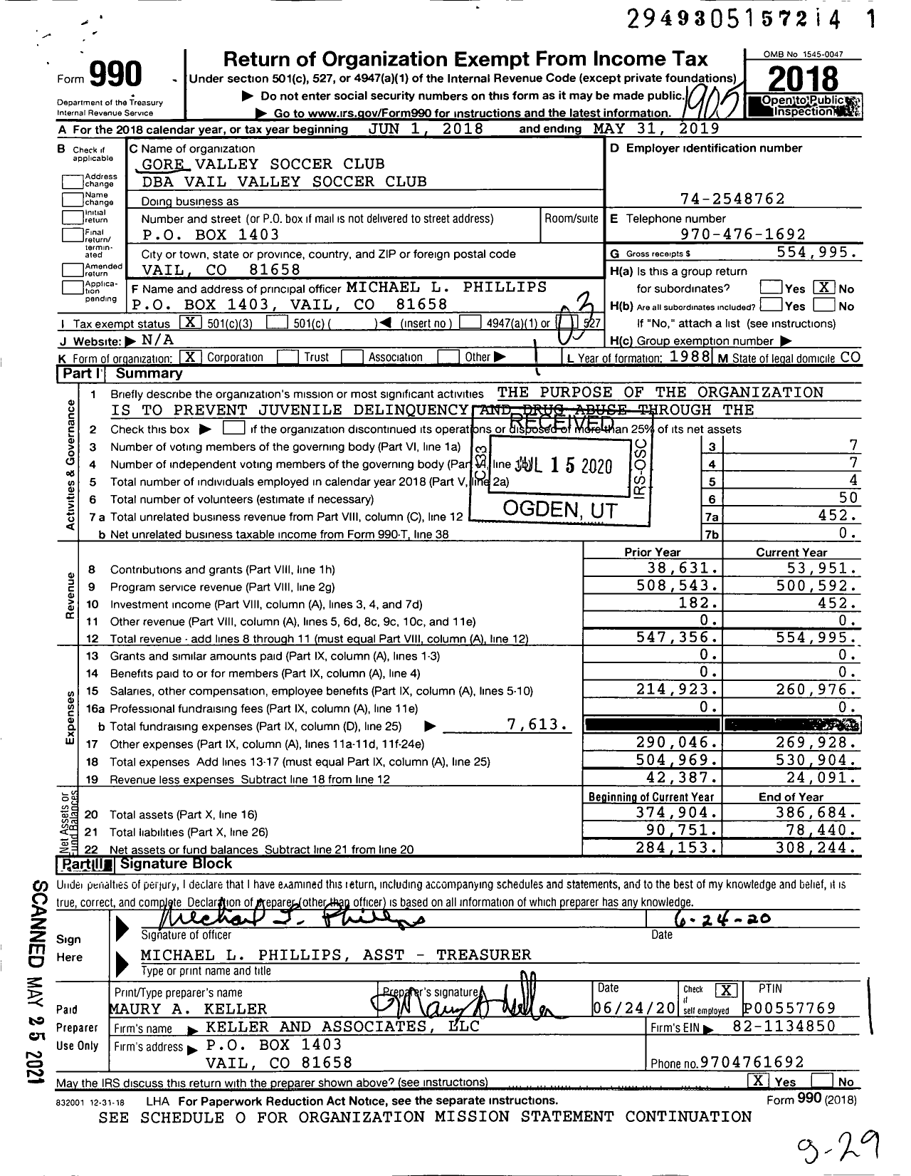 Image of first page of 2018 Form 990 for Vail Valley Soccer Club