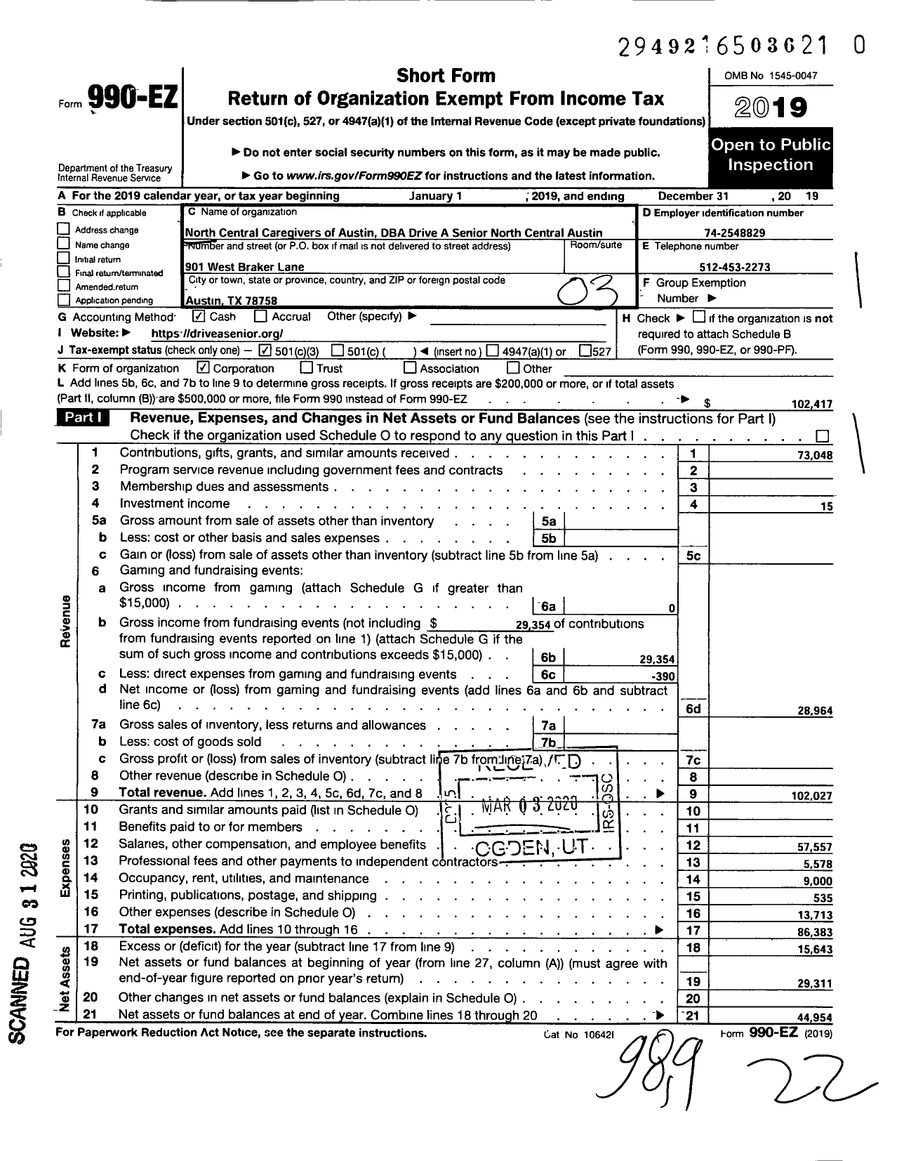 Image of first page of 2019 Form 990EZ for North Central Caregivers of Austin