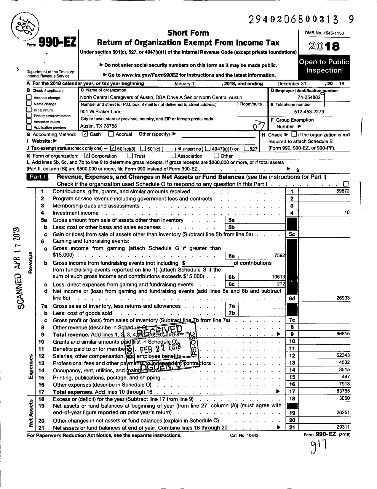 Image of first page of 2018 Form 990EZ for North Central Caregivers of Austin