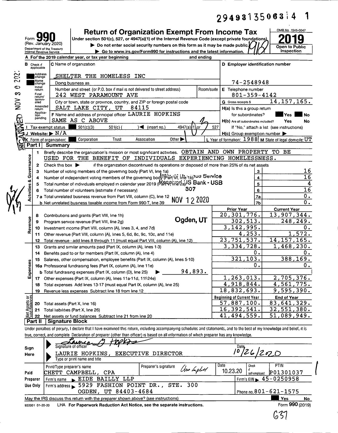 Image of first page of 2019 Form 990 for Shelter the Homeless