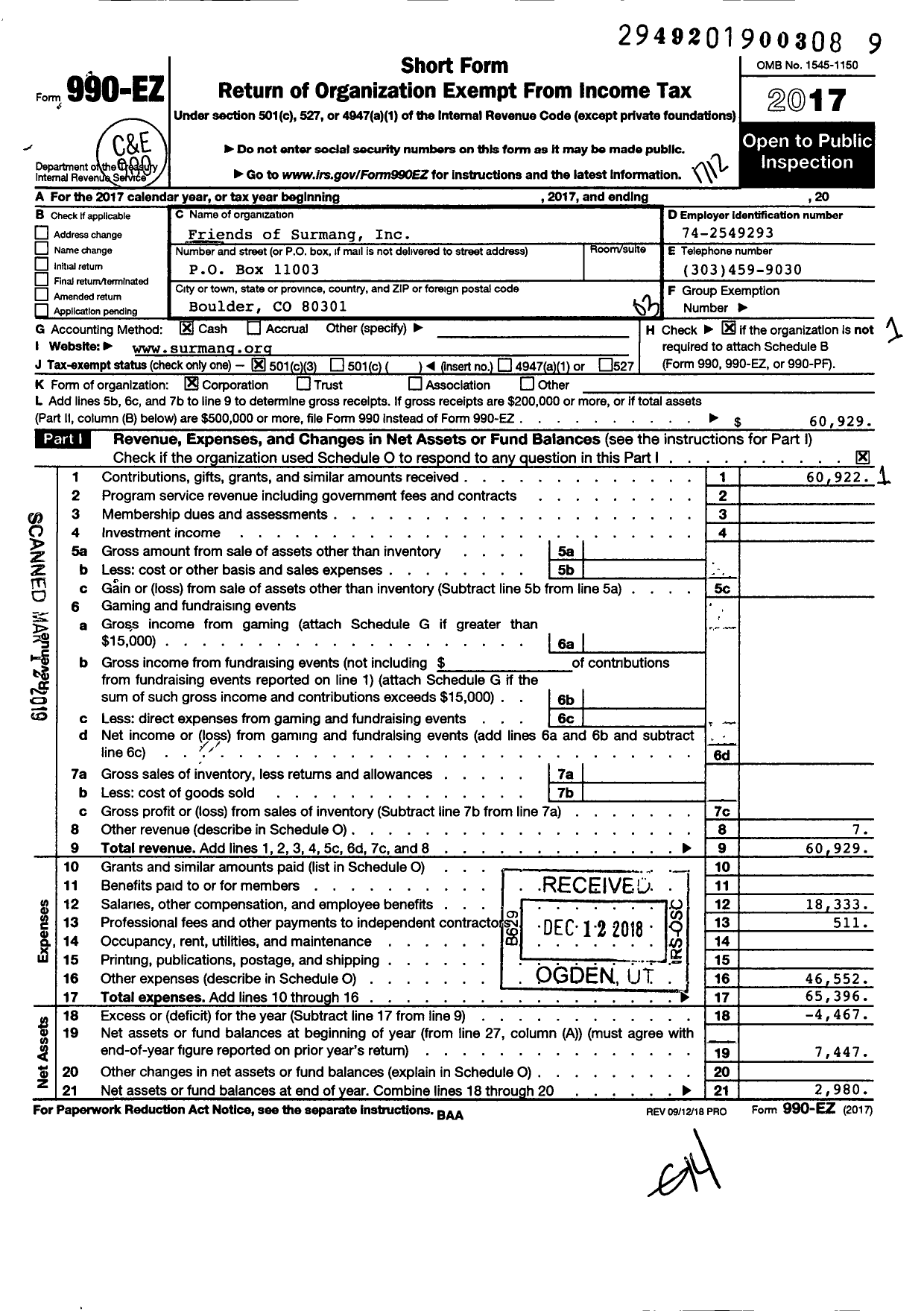 Image of first page of 2017 Form 990EZ for Surmang Foundation