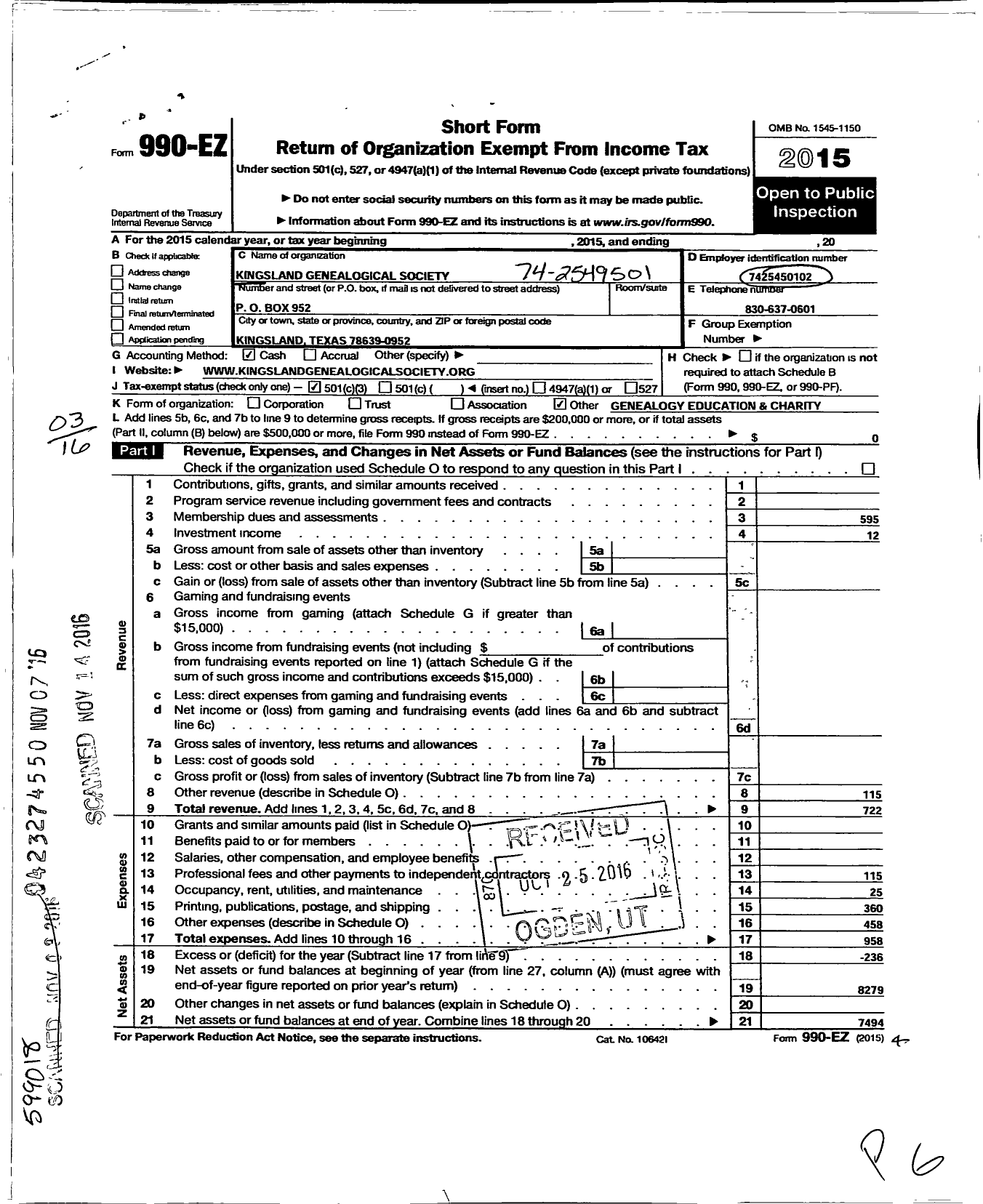 Image of first page of 2015 Form 990EZ for Highland Lakes Genealogy Society