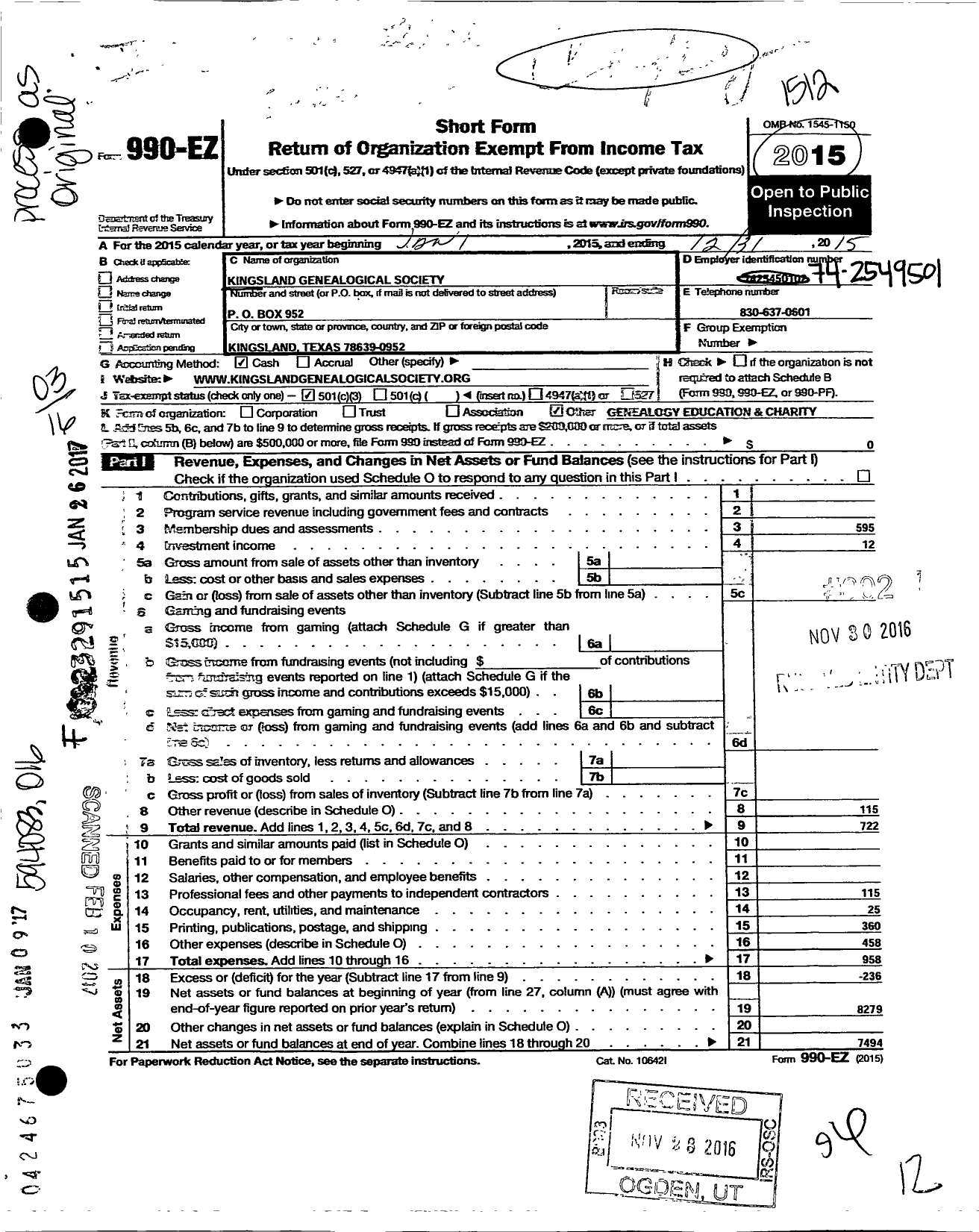 Image of first page of 2015 Form 990EZ for Highland Lakes Genealogy Society