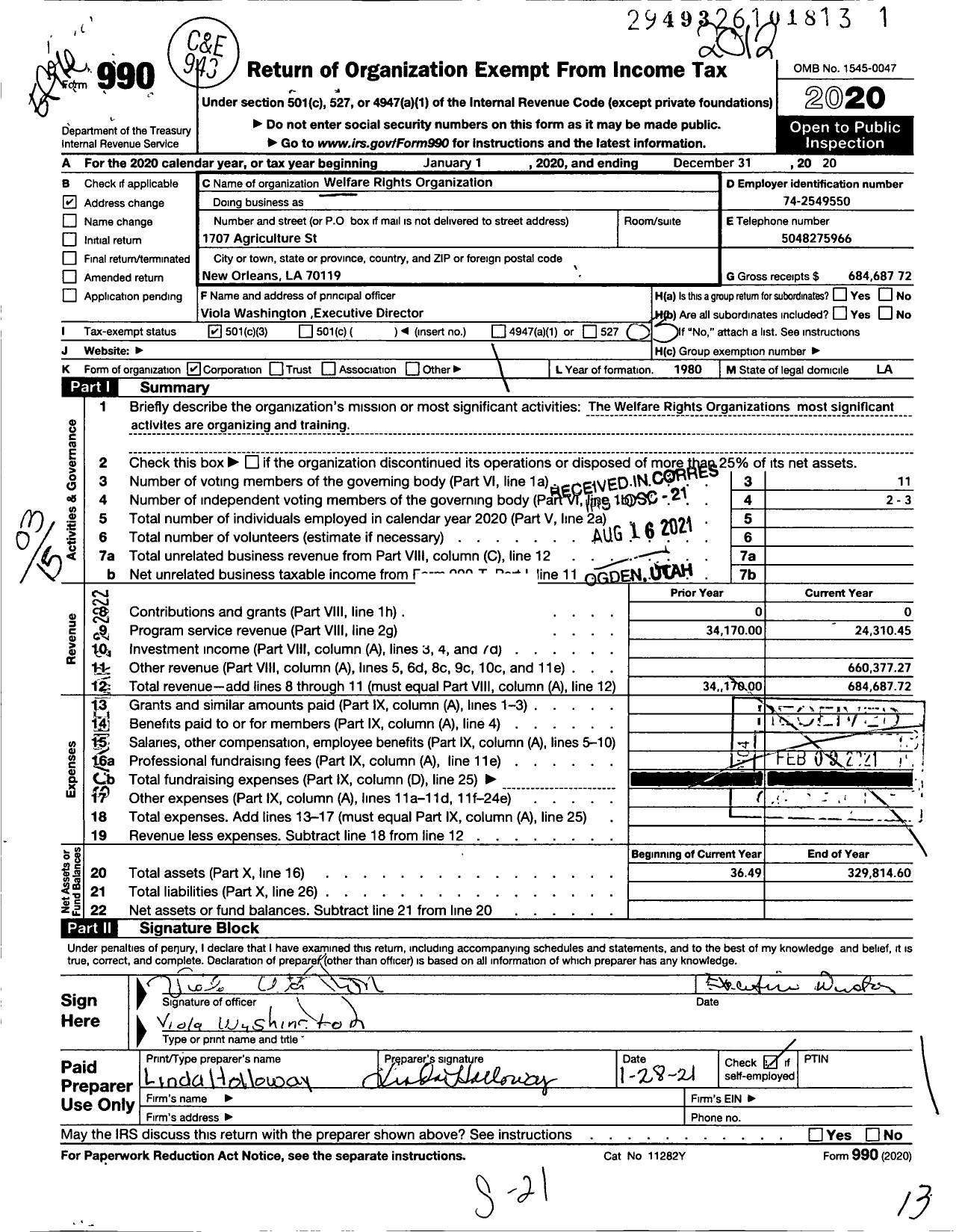 Image of first page of 2020 Form 990 for Welfare Rights Organization