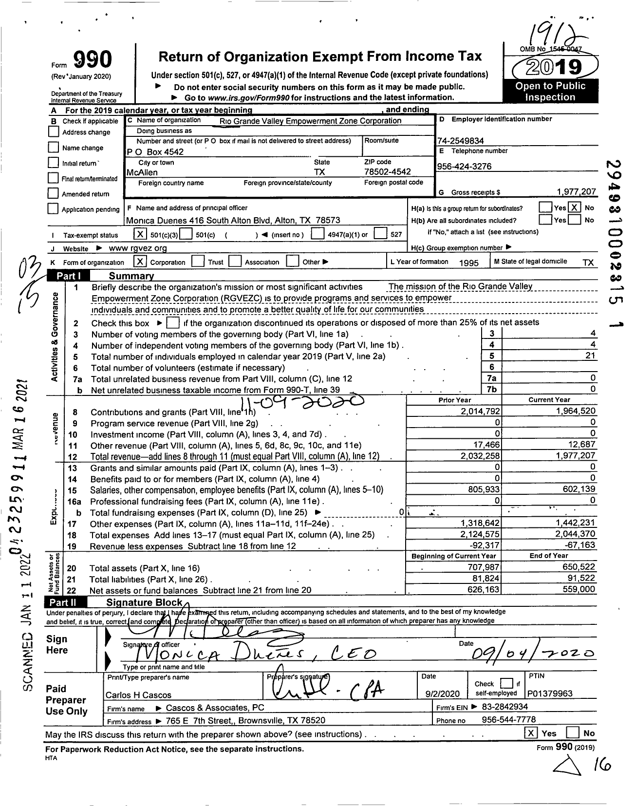 Image of first page of 2019 Form 990 for Rio Grande Valley Empowerment Zone Corporation