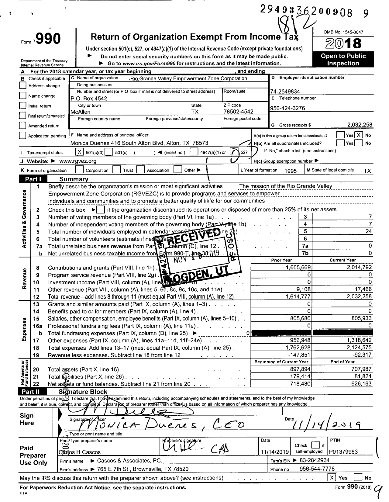 Image of first page of 2018 Form 990 for Rio Grande Valley Empowerment Zone Corporation