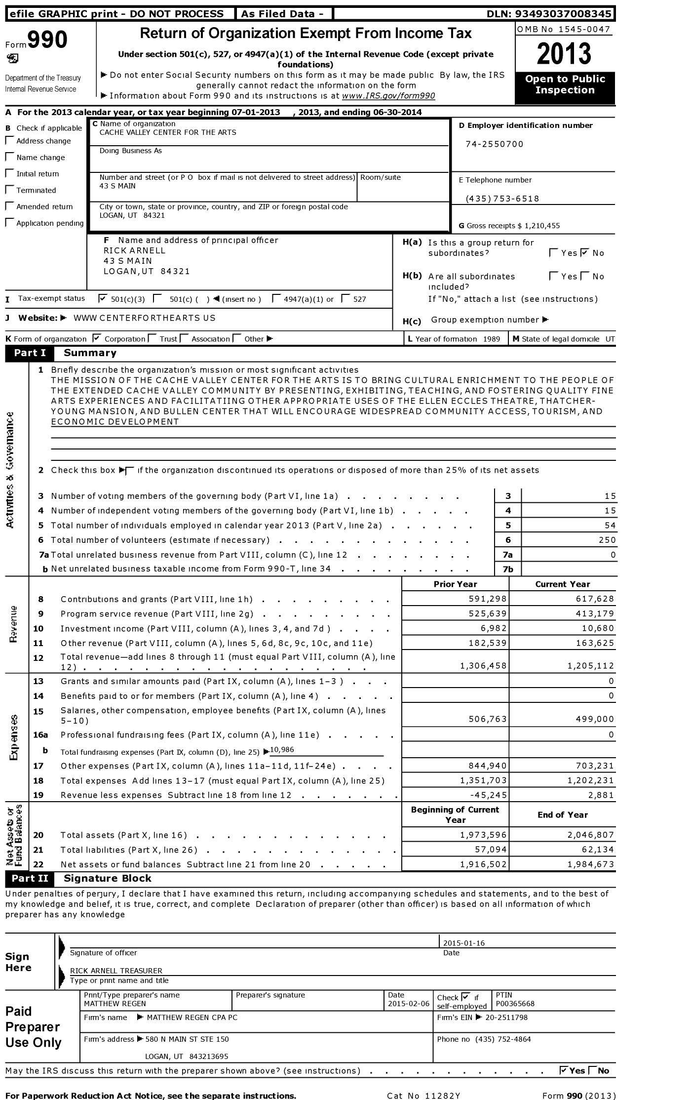 Image of first page of 2013 Form 990 for Cache Arts