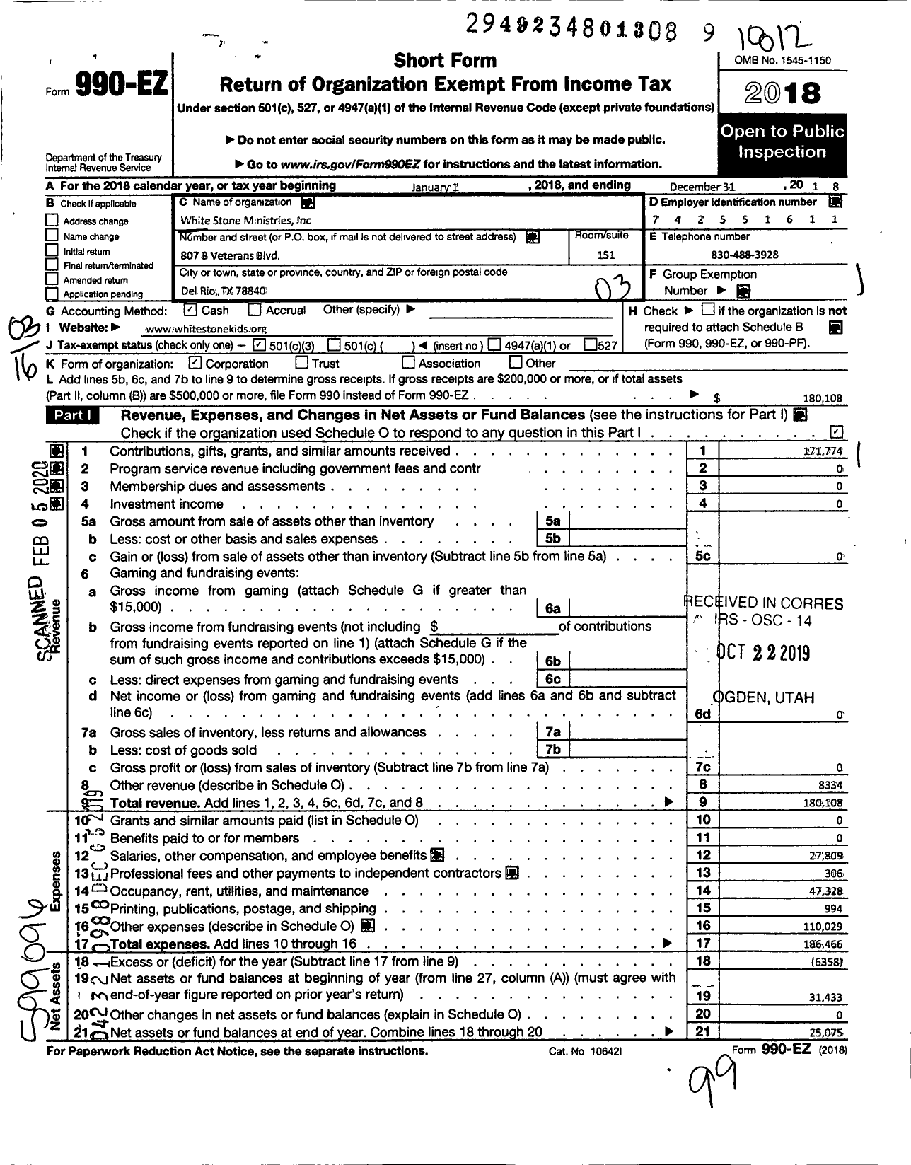 Image of first page of 2018 Form 990EZ for White Stone Ministries