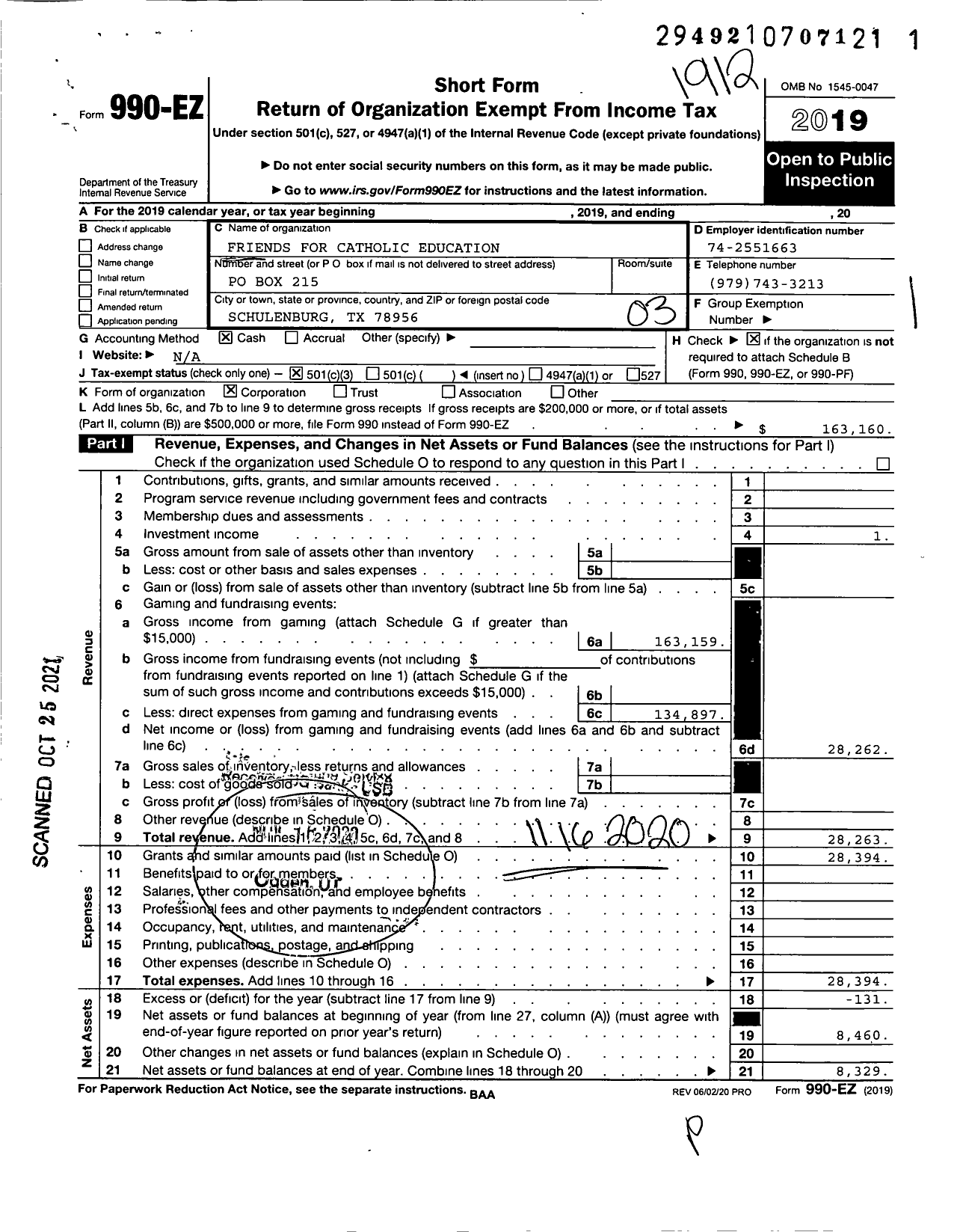 Image of first page of 2019 Form 990EZ for Friends for Catholic Education