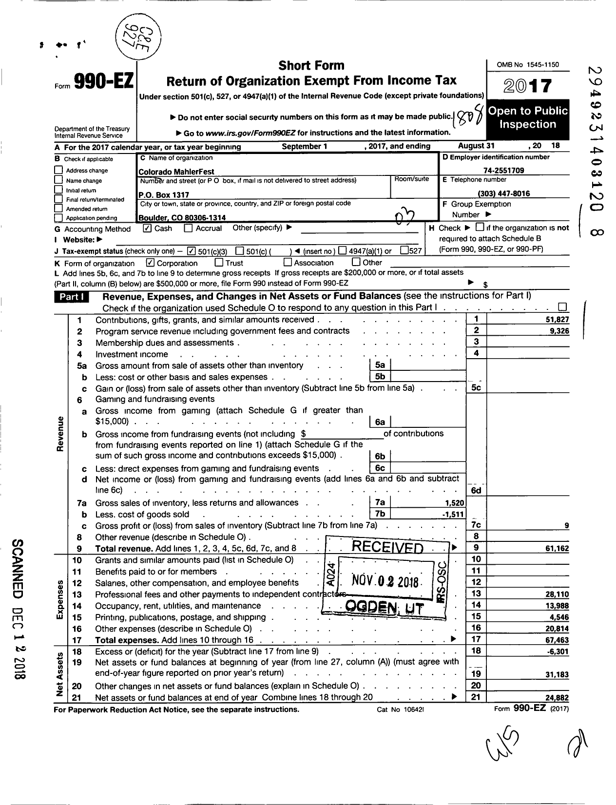 Image of first page of 2017 Form 990EZ for Colorado MahlerFest