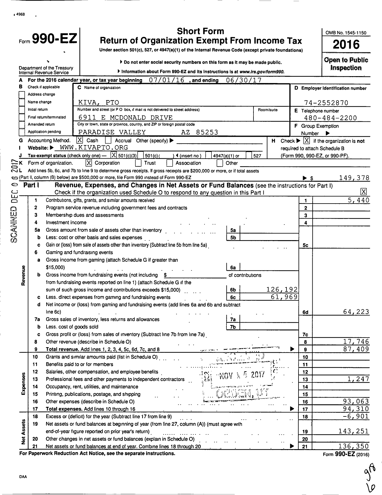 Image of first page of 2016 Form 990EZ for Kiva Pto