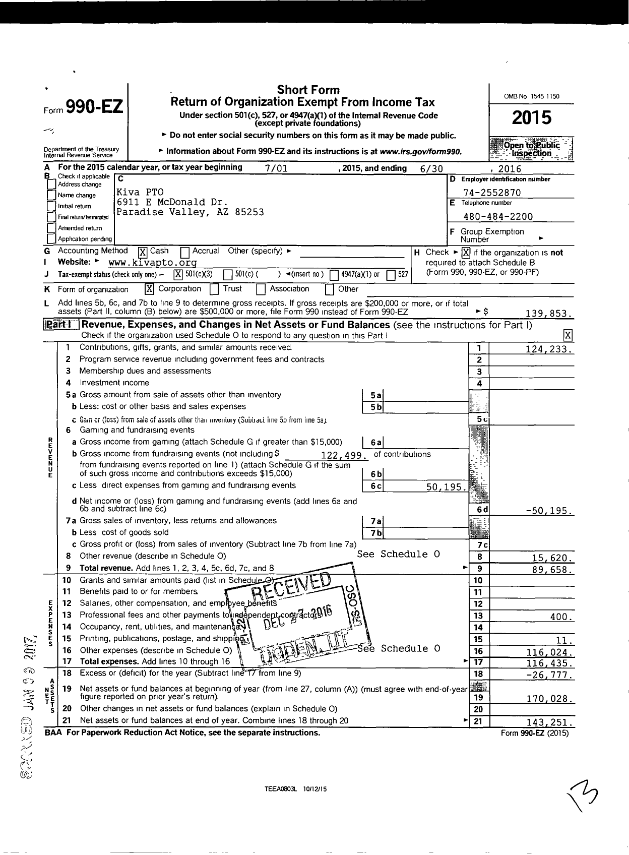 Image of first page of 2015 Form 990EZ for Kiva Pto