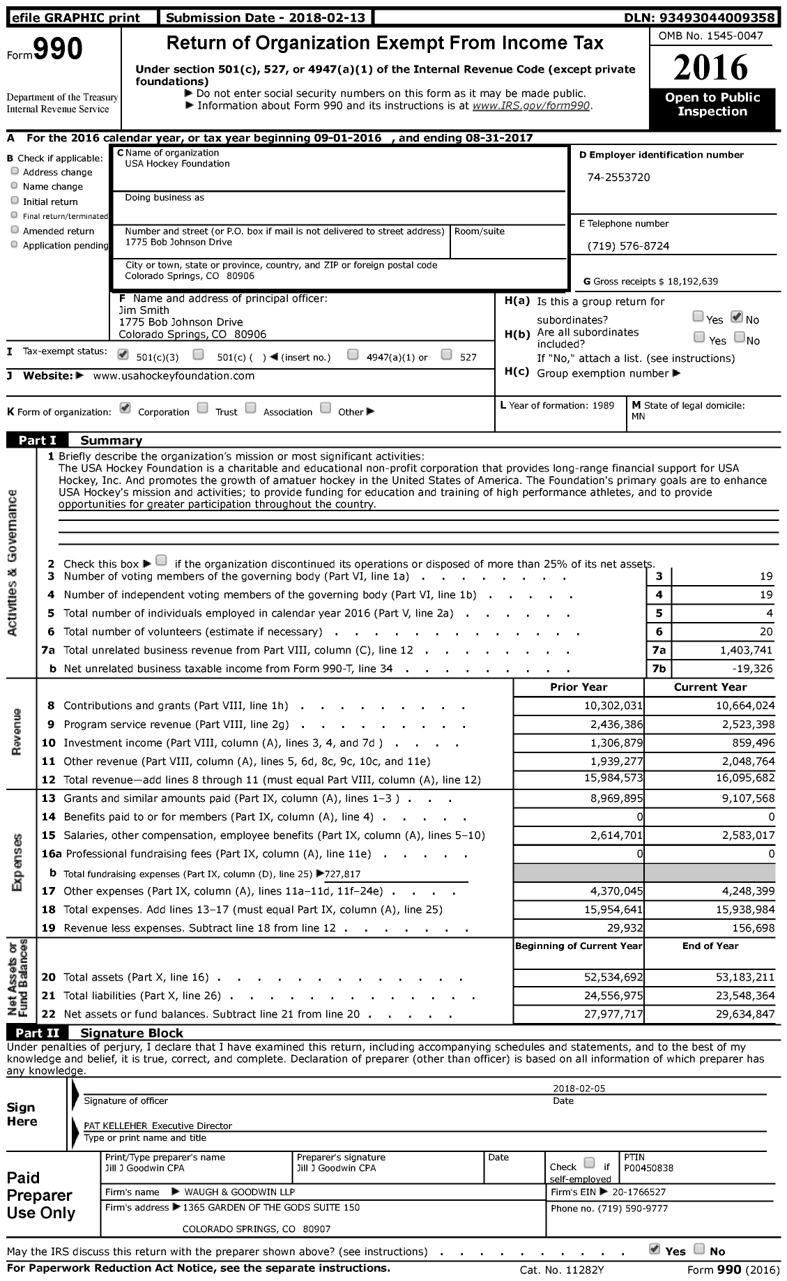 Image of first page of 2016 Form 990 for USA Hockey Foundation