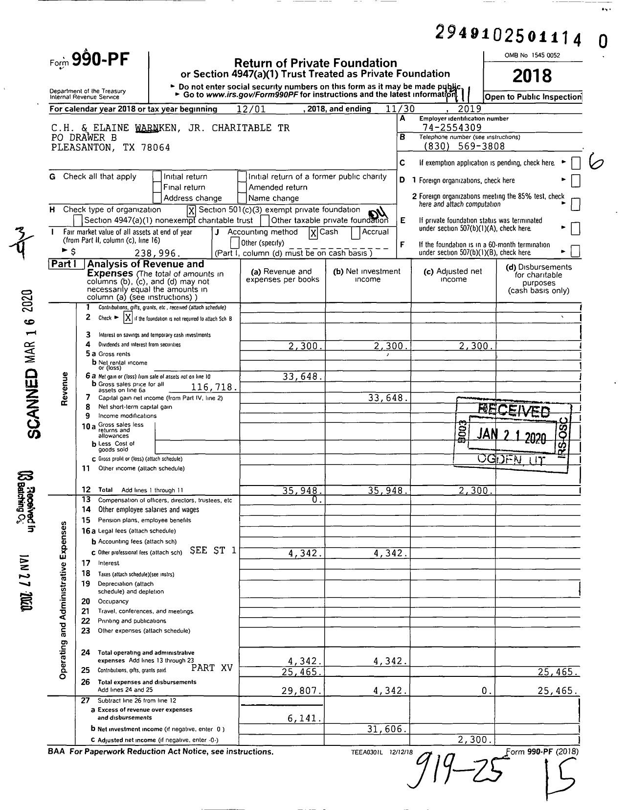 Image of first page of 2018 Form 990PR for CH H and Elaine Warnken JR Charitable Trust