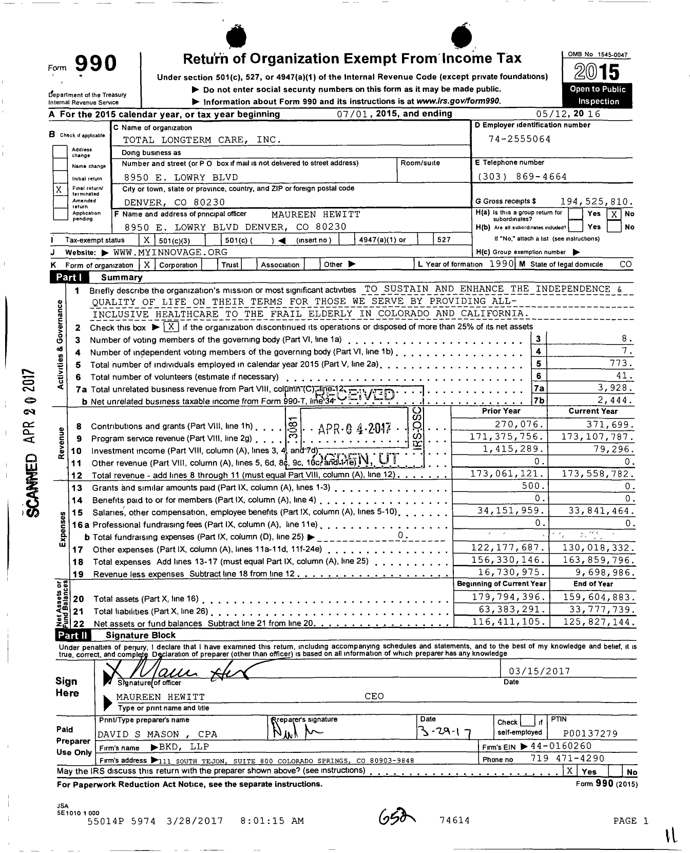 Image of first page of 2015 Form 990 for Total Longterm Care