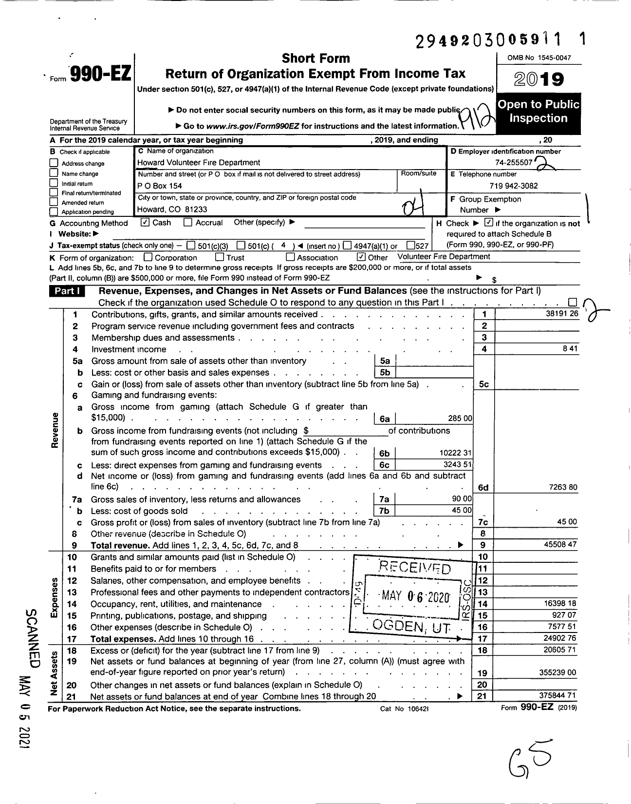 Image of first page of 2019 Form 990EO for Howard Volunteer Fire Department