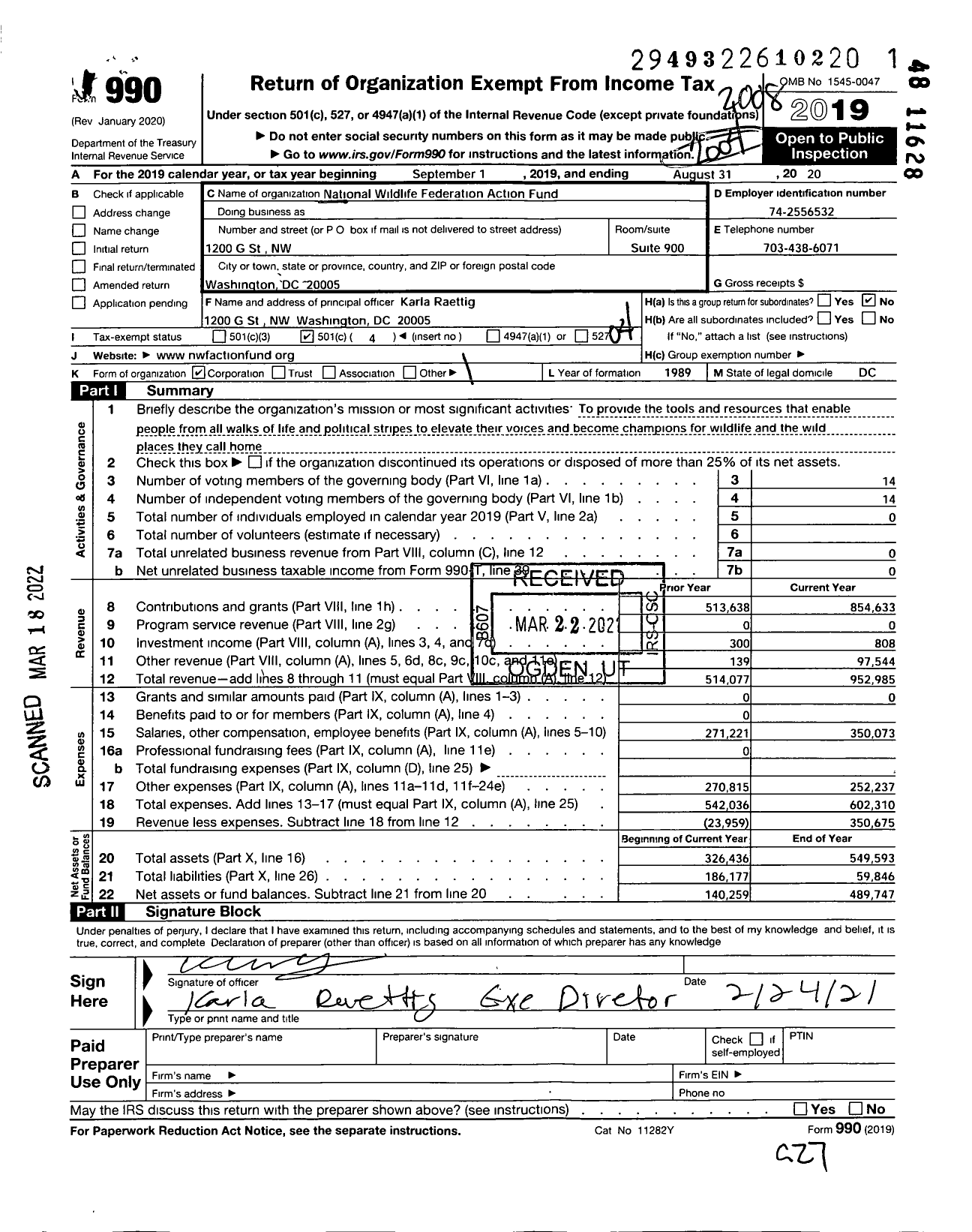 Image of first page of 2019 Form 990O for National Wildlife Federation Action Fund