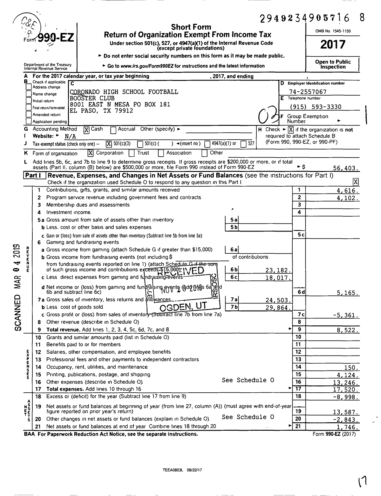 Image of first page of 2017 Form 990EZ for Coronado High School Football Booster Club