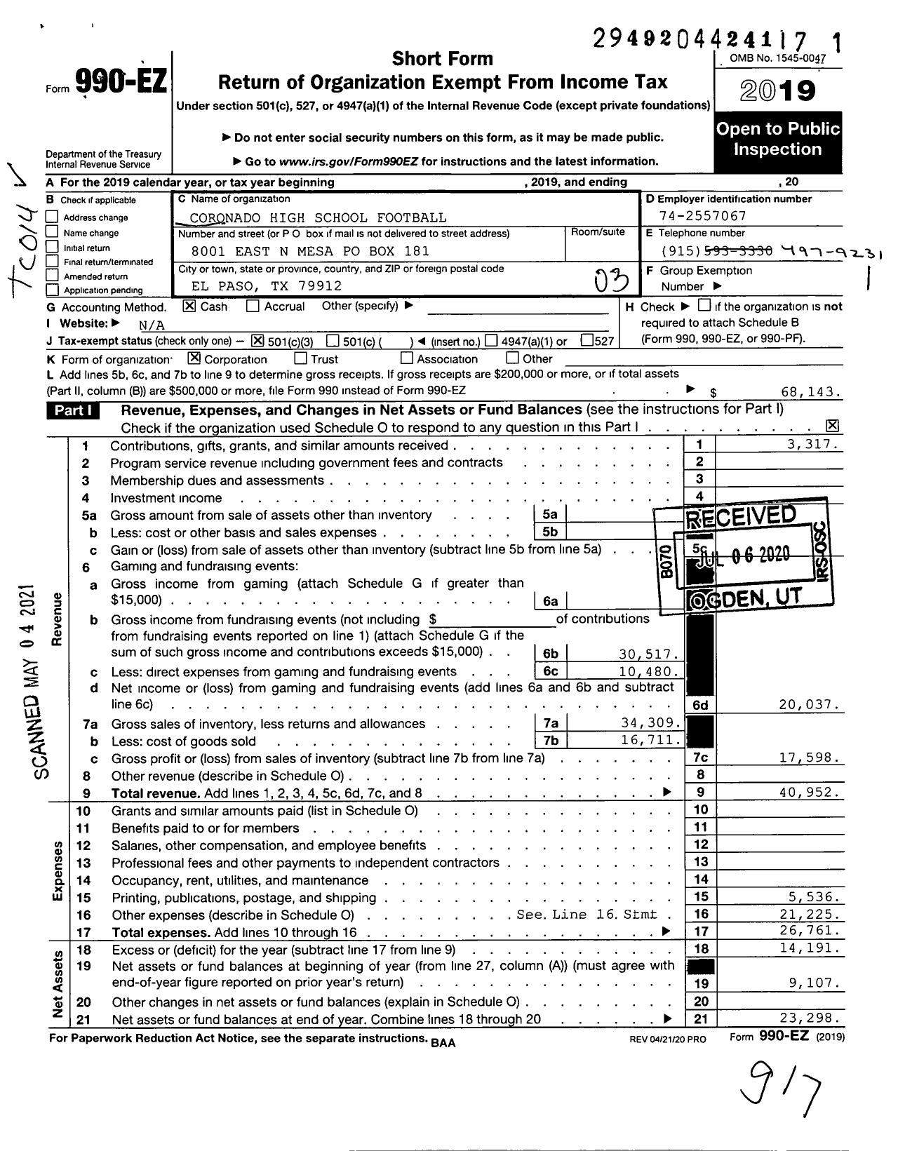 Image of first page of 2019 Form 990EZ for Coronado High School Football Booster Club