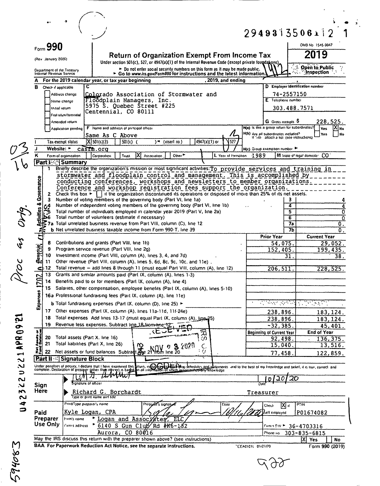 Image of first page of 2019 Form 990 for Colorado Association of Stormwater and Floodplain Managers