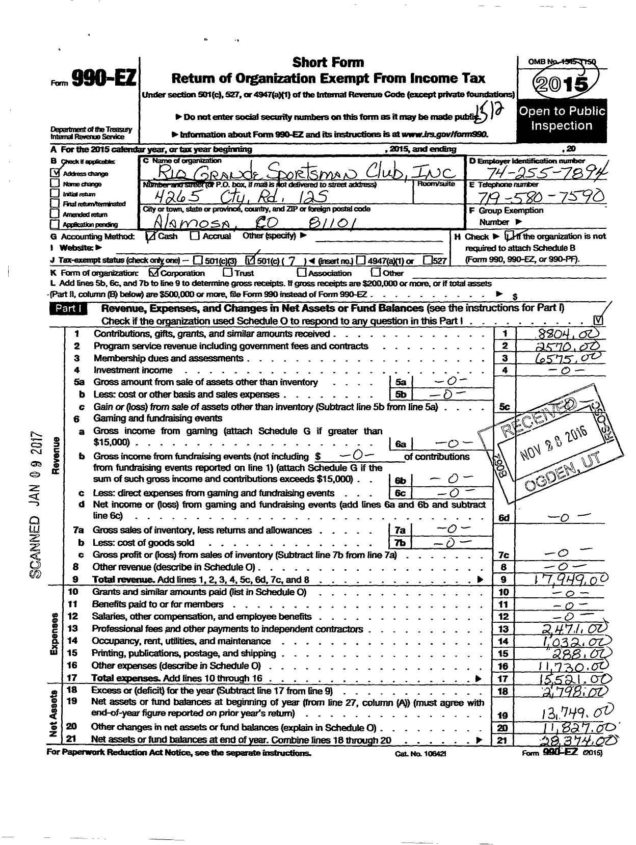 Image of first page of 2015 Form 990EO for Rio Grande Sportsman Club