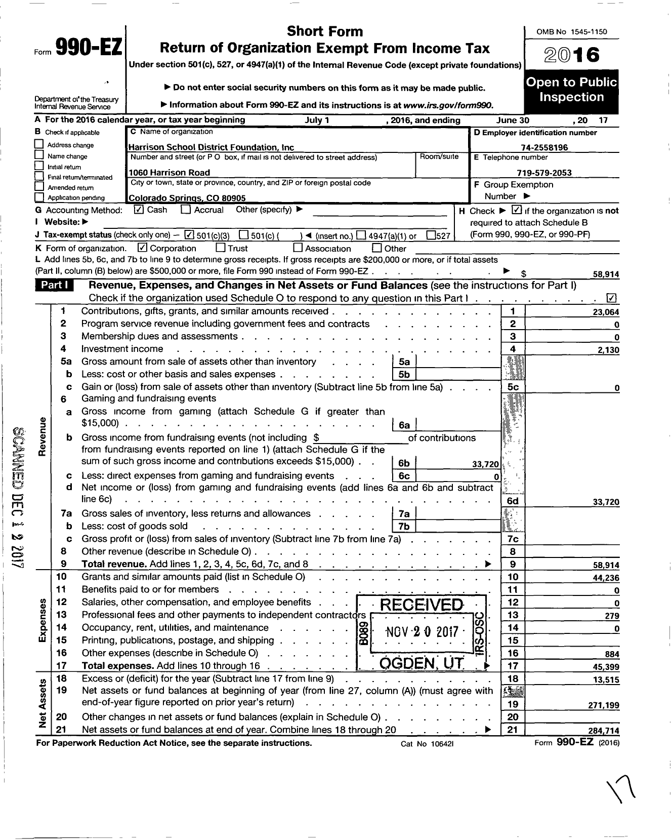 Image of first page of 2016 Form 990EZ for The Harrison School District Foundation