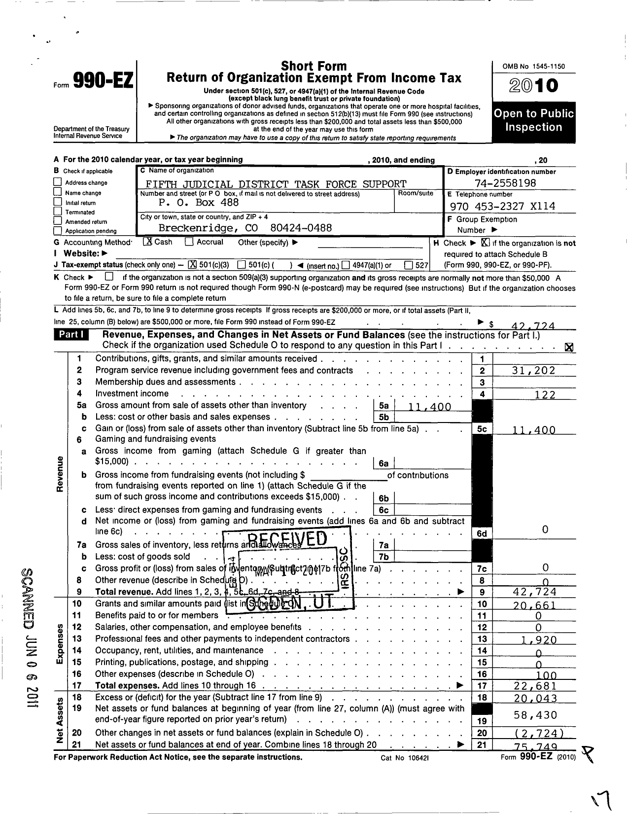 Image of first page of 2010 Form 990EZ for Fifth Judicial District Task Force Support