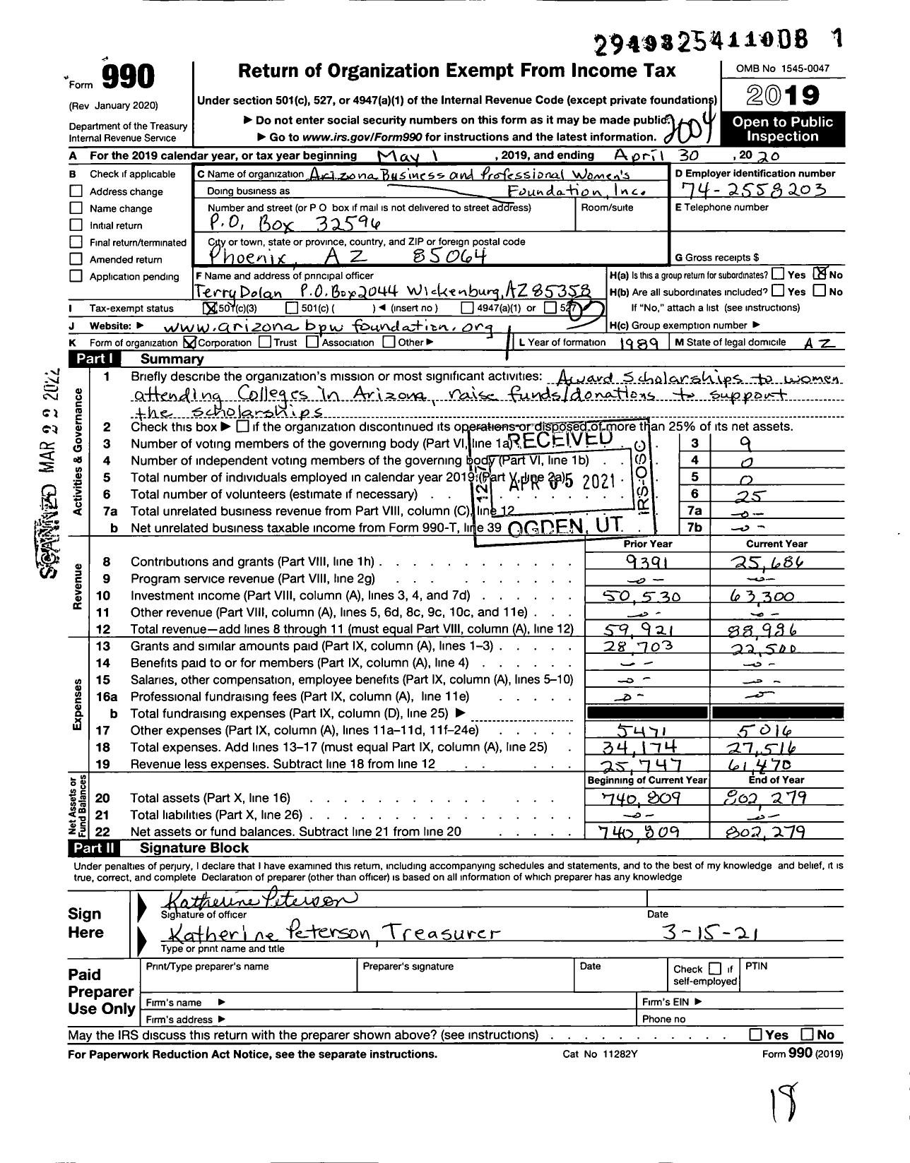 Image of first page of 2019 Form 990 for Arizona BPW Foundation