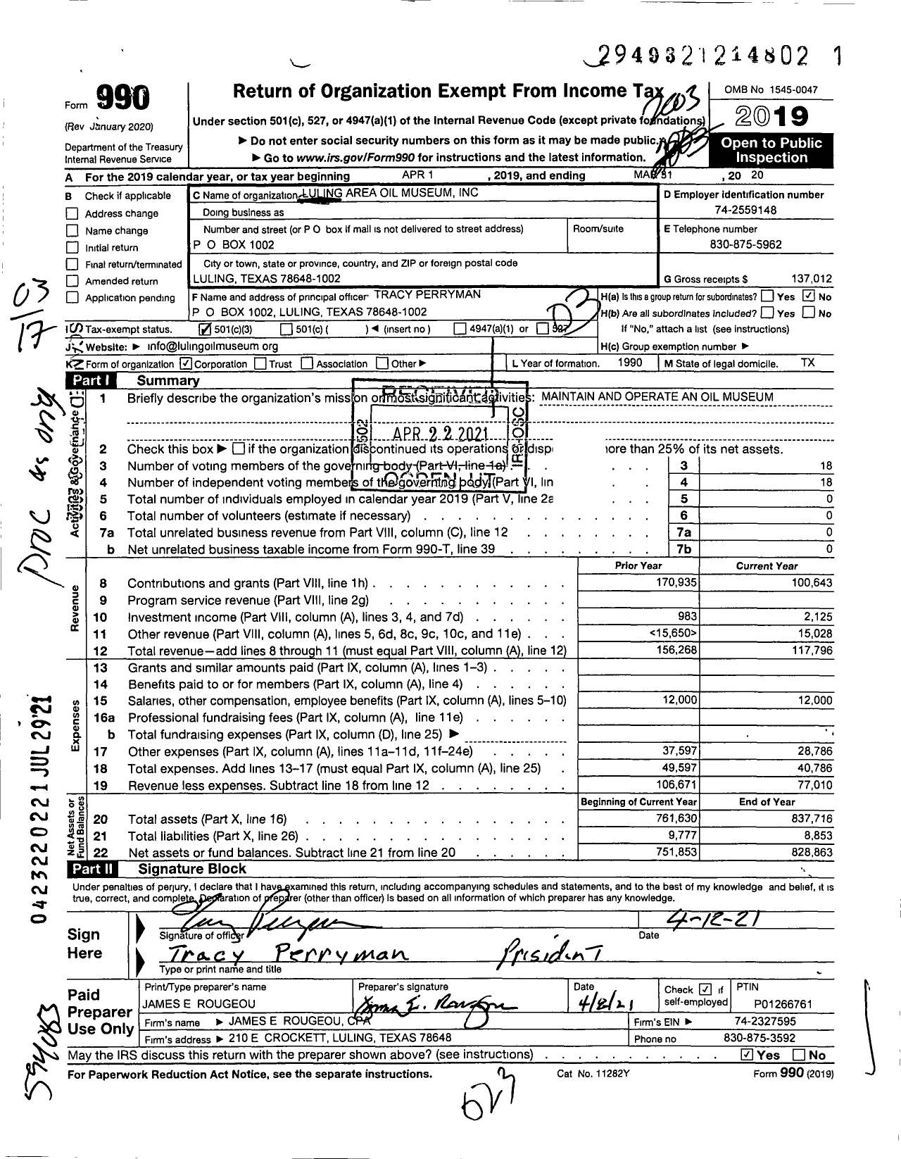 Image of first page of 2019 Form 990 for Luling Area Oil Museum