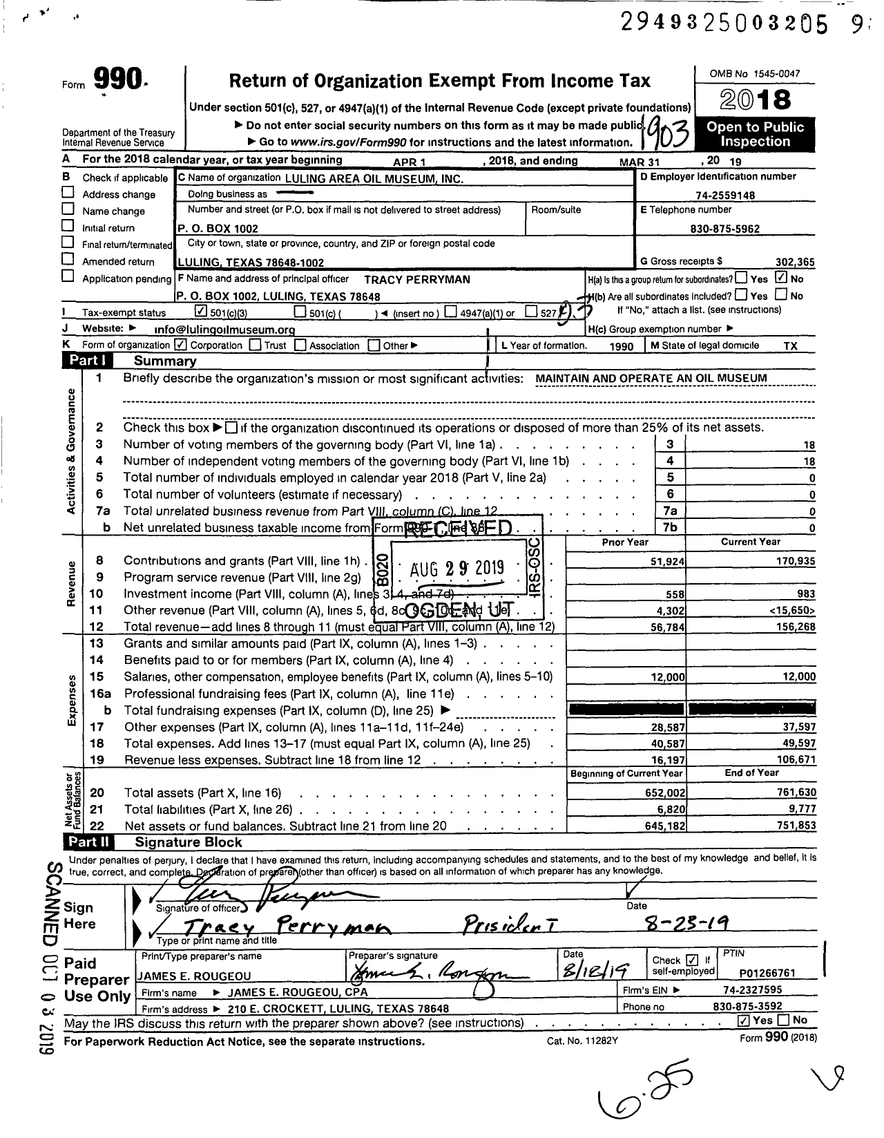 Image of first page of 2018 Form 990 for Luling Area Oil Museum