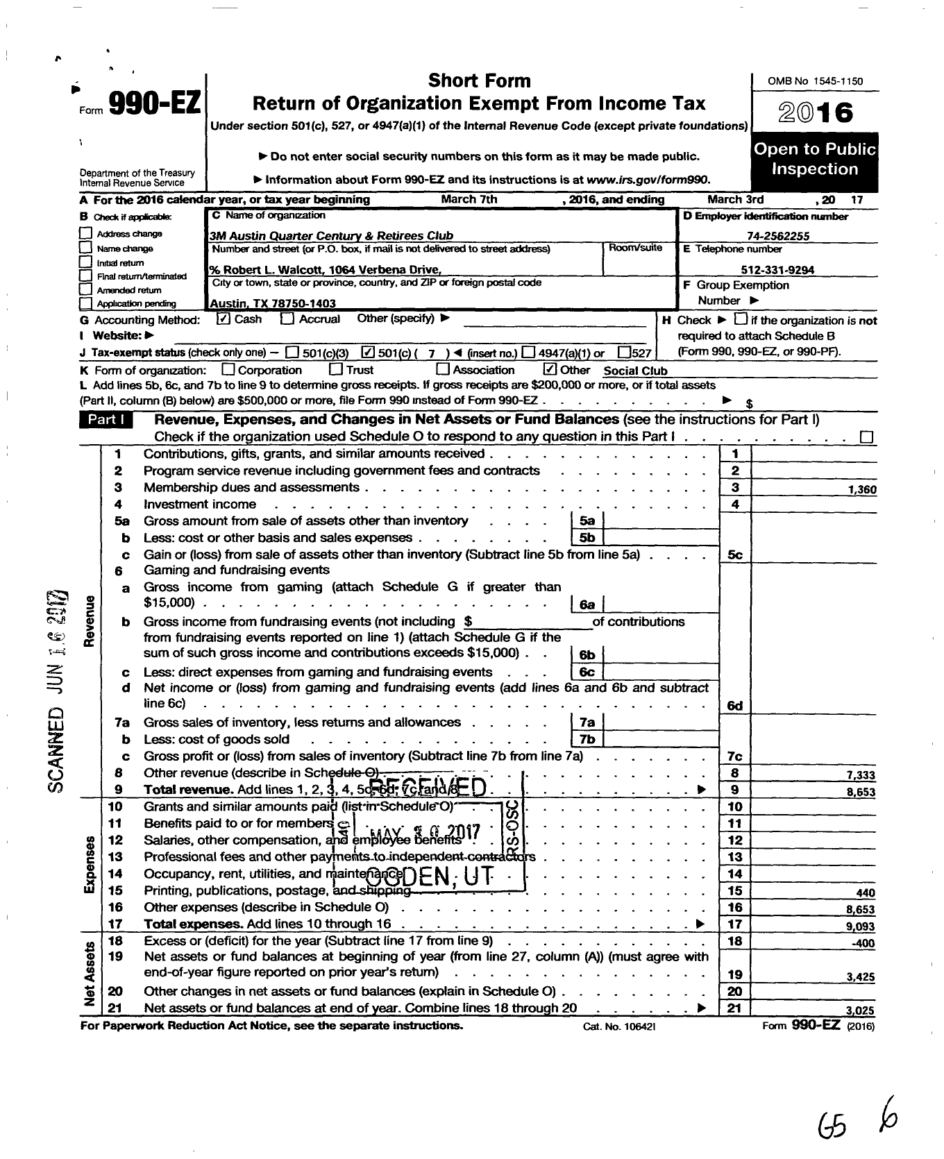 Image of first page of 2016 Form 990EO for 3M Austin Quarter Century and Retiress Club