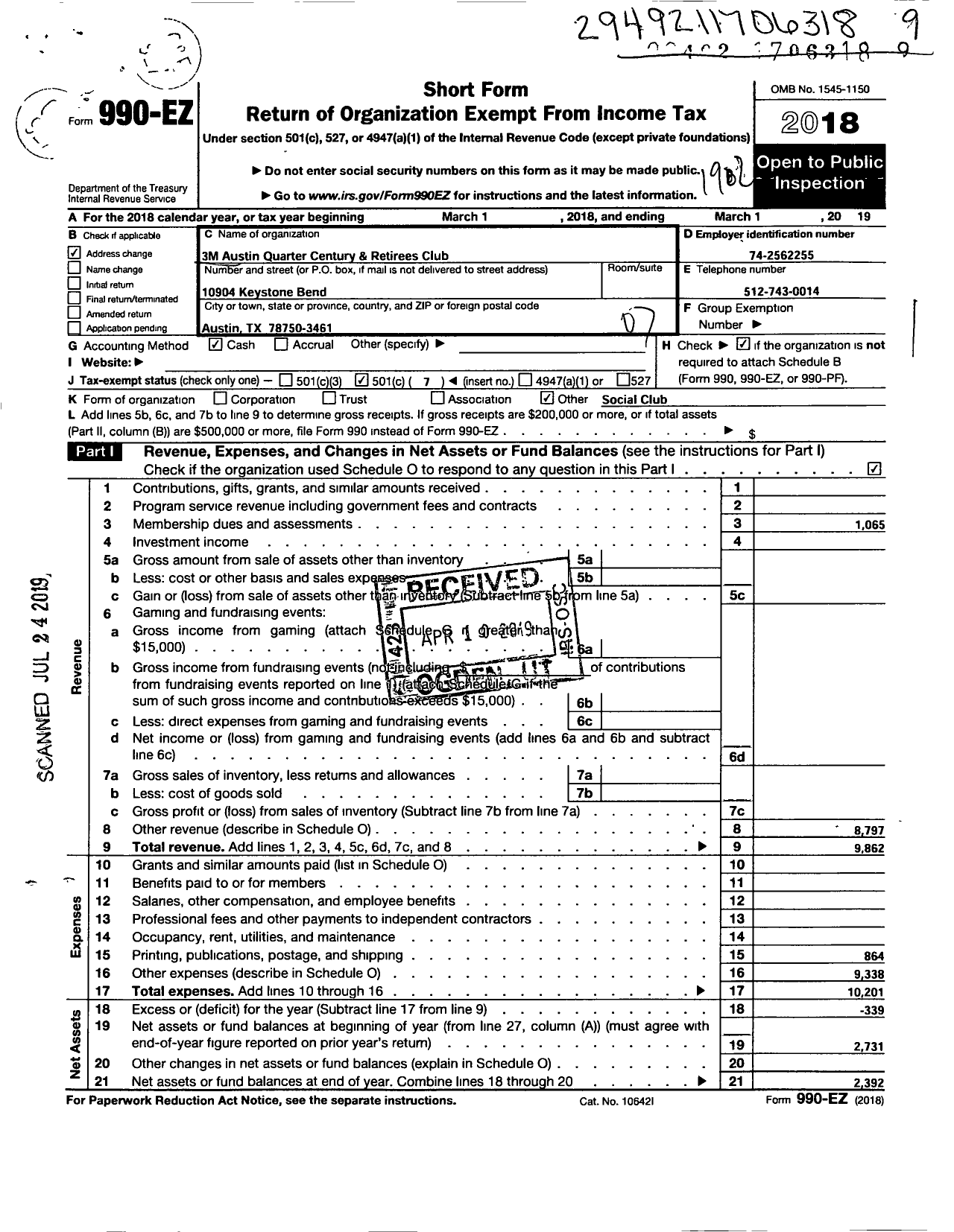 Image of first page of 2018 Form 990EO for 3M Austin Quarter Century and Retiress Club