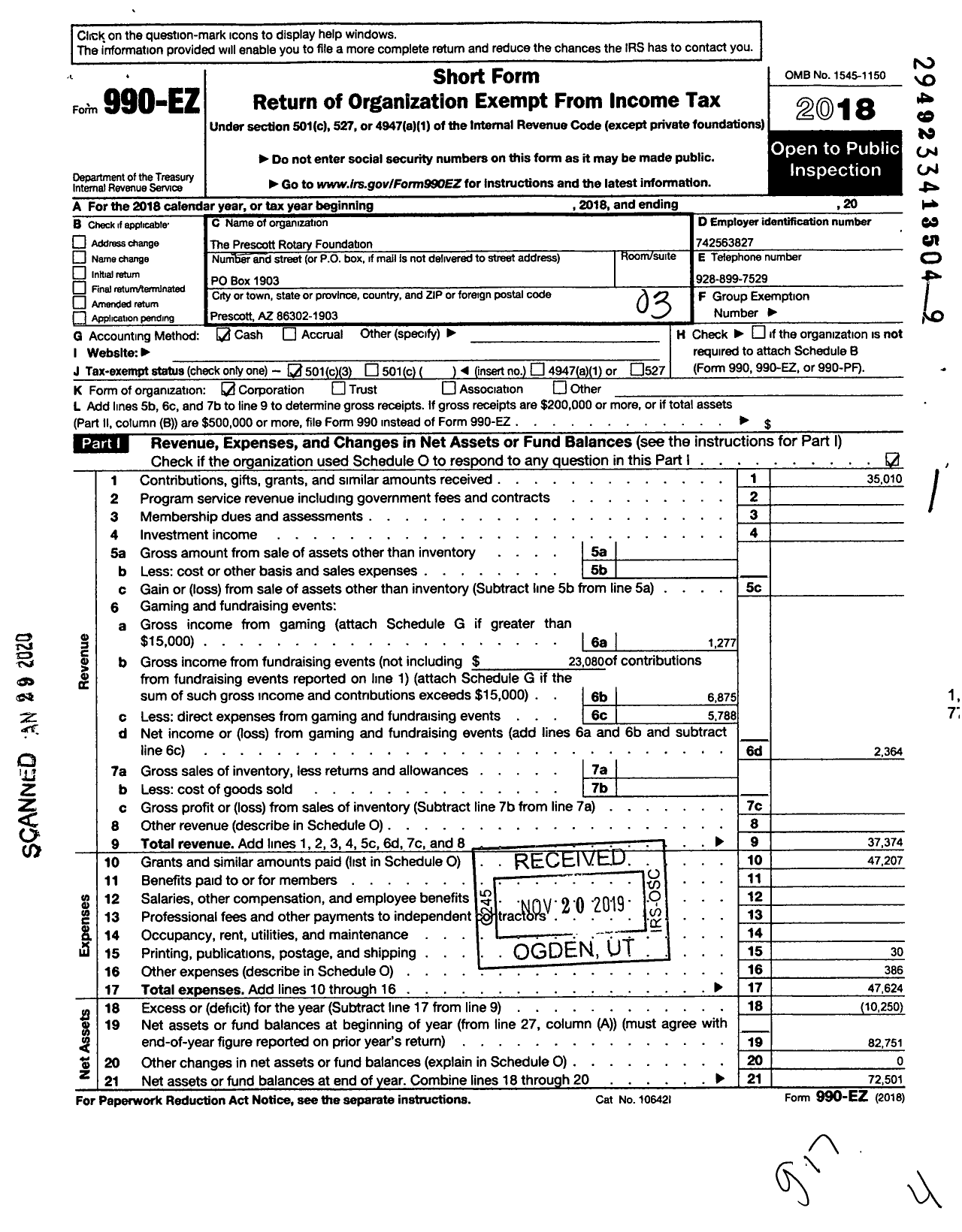 Image of first page of 2018 Form 990EZ for Frontier Rotary Charitable Fund