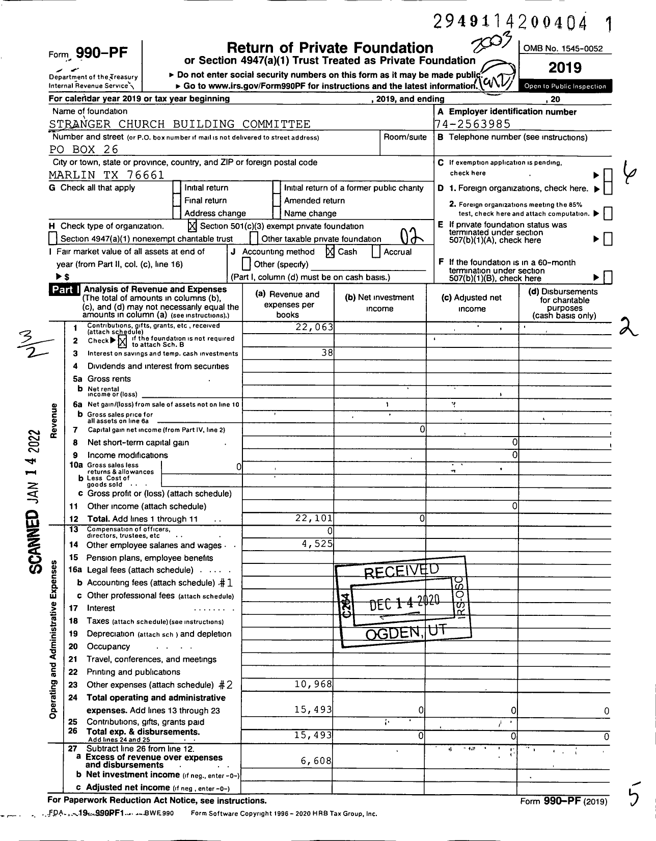 Image of first page of 2019 Form 990PF for Stranger Church Building Committee